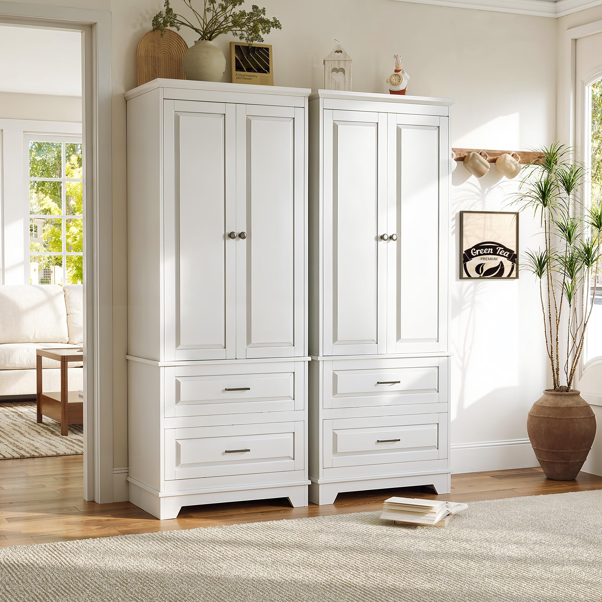 Armadietto da bagno alto, in legno, bianco, 157 x 60 x 40 cm, con cassetti, 2 ante e regolabili, per soggiorno, cucina