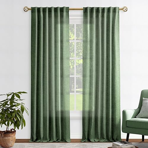 Cortinas verde oliva de 108 pulgadas, 2 paneles para sala de estar, semitransparentes, reductoras de luz, aireadas, modernas, elegantes, extra Verde