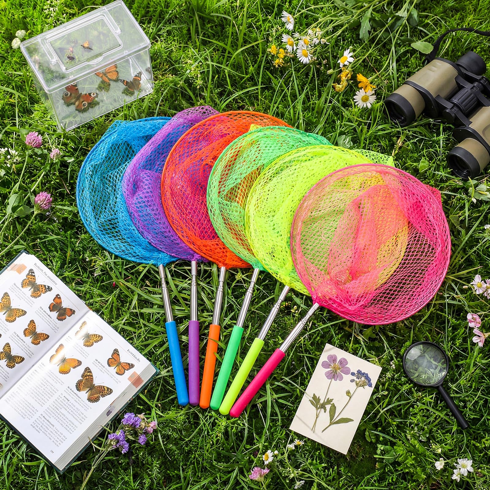 Sosation 60 Stück Teleskop-Schmetterlings-Fischernetze für Kinder, bunte Käfer-Fangnetze, Outdoor-Werkzeuge zum Fangen von Schmetterlingen, Insekten, Käfern, Fischen, Marienkäfern, ausziehbar von 38,1