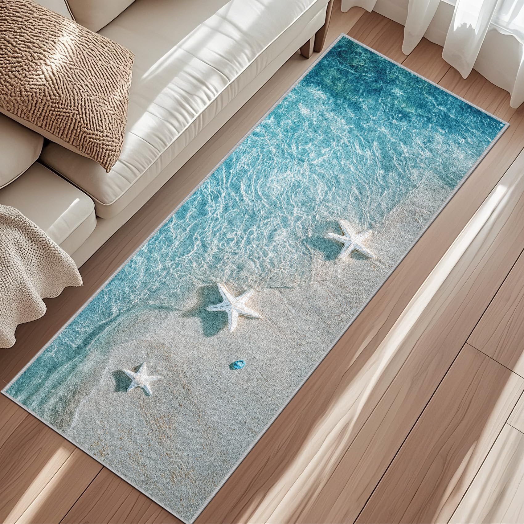 Generisch Meer Strand Läufer Teppich Flur 60x180cm Waschbar Seestern Teppichläufer rutschfest Kurzflor Teppich Läufer für Eingang, küche, Schlafzimmer, Wohnzimmer, Korridor kT&Q365