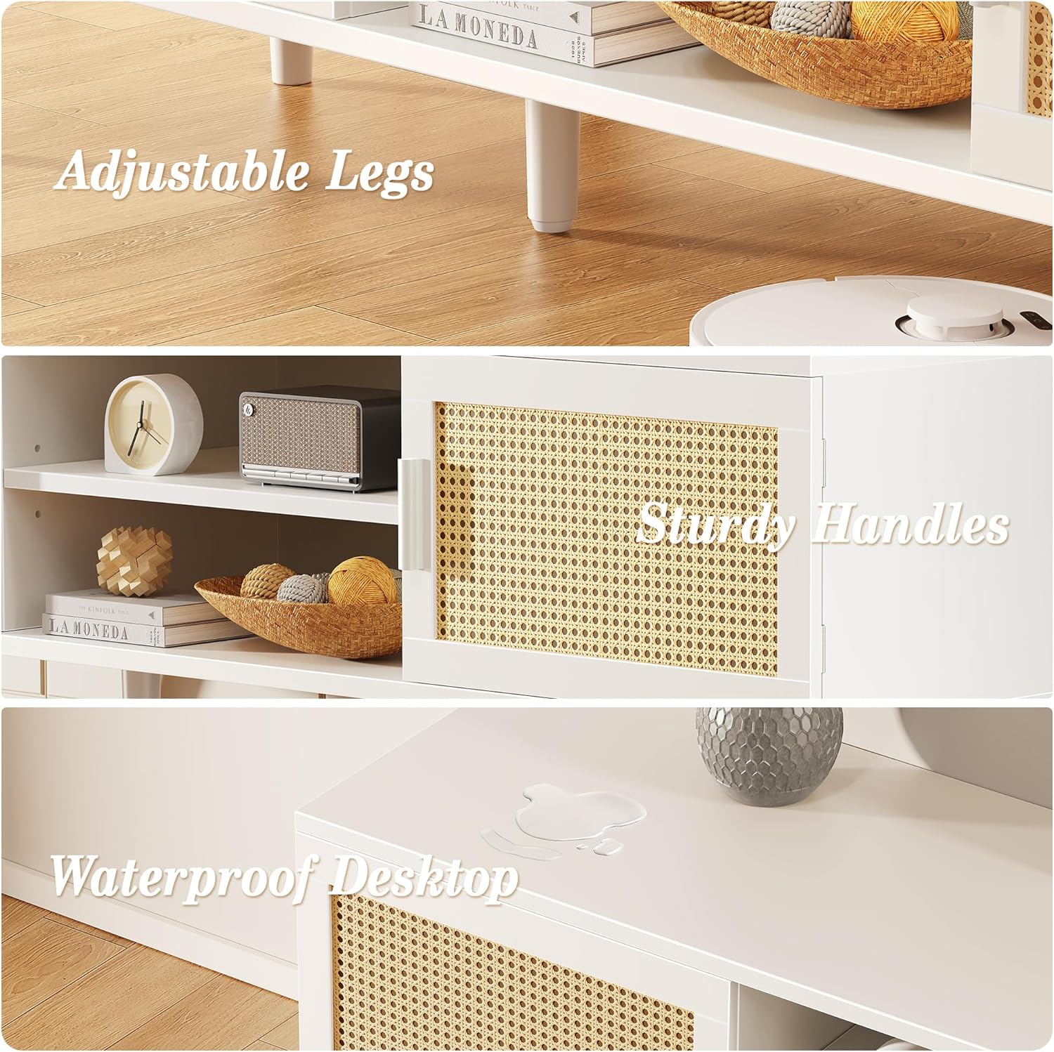 SUPERJARE TV Stand for 65 Inch TV, Entertainment Center with Adjustable Shelf, Rattan TV Console with 2 Cabinets, Media Console, Solid Wood Feet, 4 Cord Holes, for Living Room, White - Image 9