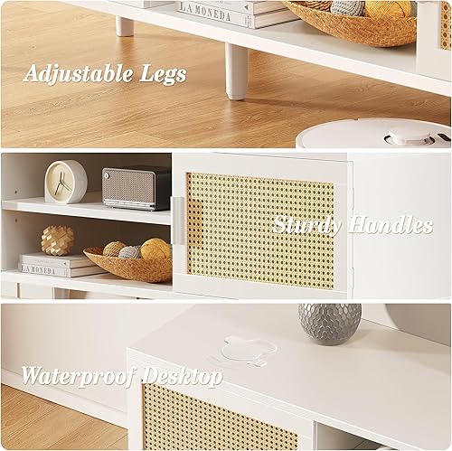 Vista 9 de SUPERJARE TV Stand for 65 Inch TV, Entertainment Center with Adjustable Shelf, Rattan TV Console with 2 Cabinets, Media Console, Solid Wood Feet, 4