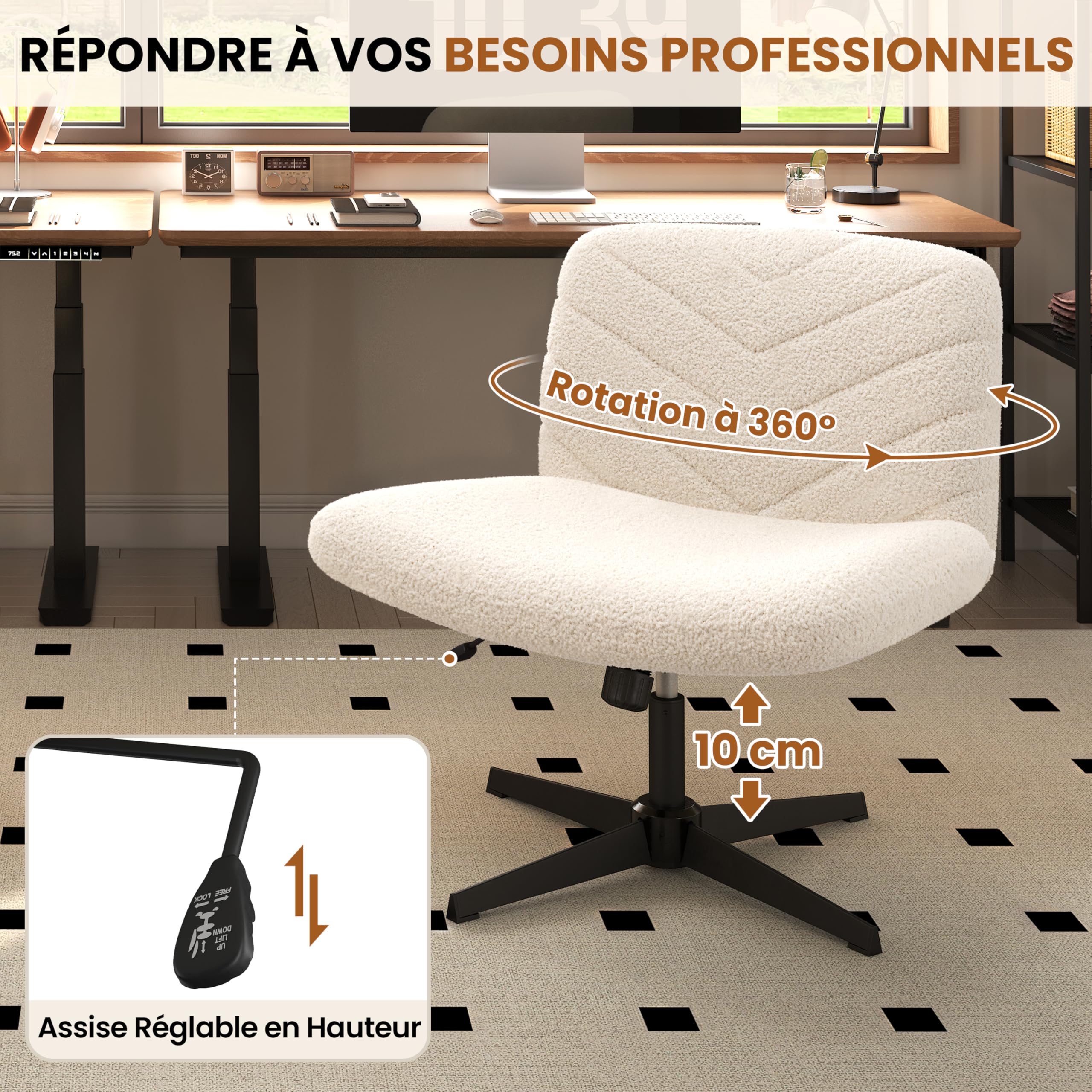 Yaheetech Chaise de Bureau sans roulettes, Fauteuil de Bureau sans Accoudoirs avec Large Assise, Fauteuil Pivotant en Tissu Bouclette, Chaise Réglable en Hauteur, pour Bureau Chambre, Ivoire