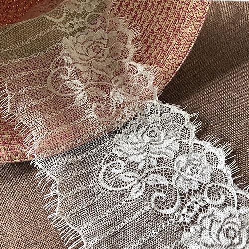 Miniatura 3 de Tela de encaje de pestañas de 6 pulgadas de ancho con patrón floral para costura, decoración del hogar y manualidades, 3 yardas -9622 (blanco)