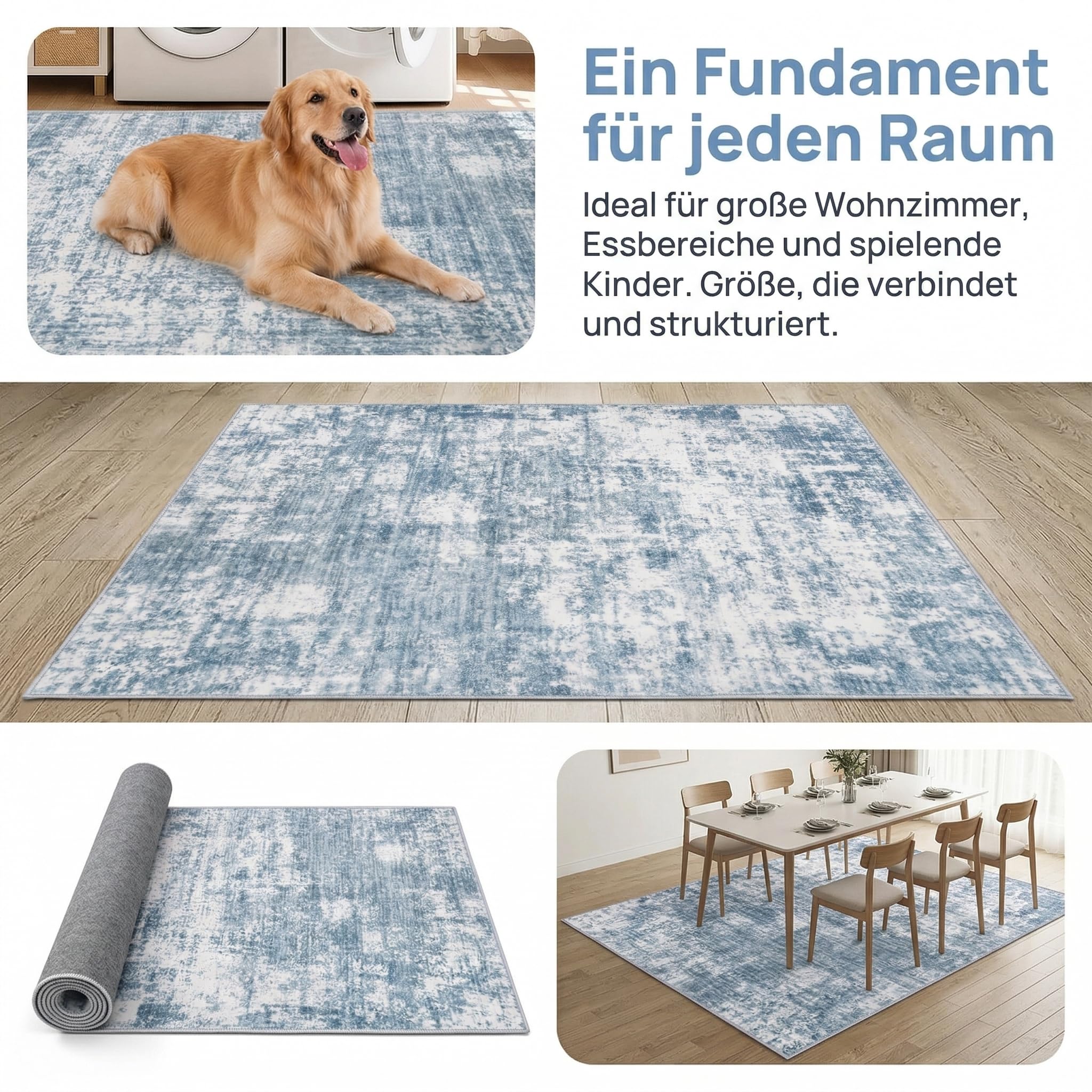 Tappeto Salotto Moderno Astratto Pelo Corto, Grigio blu, 120x160cm | Tappeti in Lana Sintetica Grandi Antiscivolo Lavabile in Lavatrice per Camera da Letto, Soggiorno