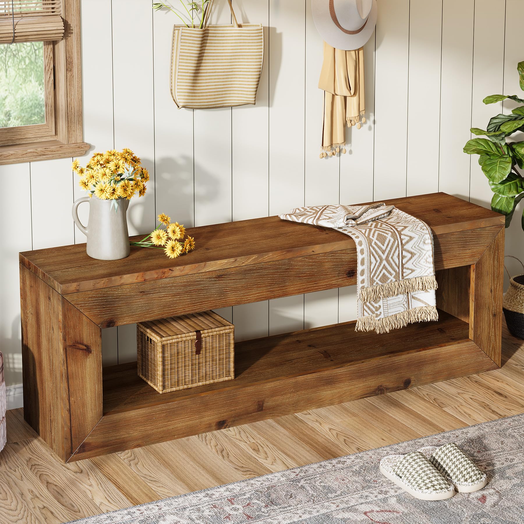 Solid Wood Entryway Bench, 47" Rustic Farmhouse Indoor Bench Seat with Storage Shelf for Entrance, Hallway, End of Bed