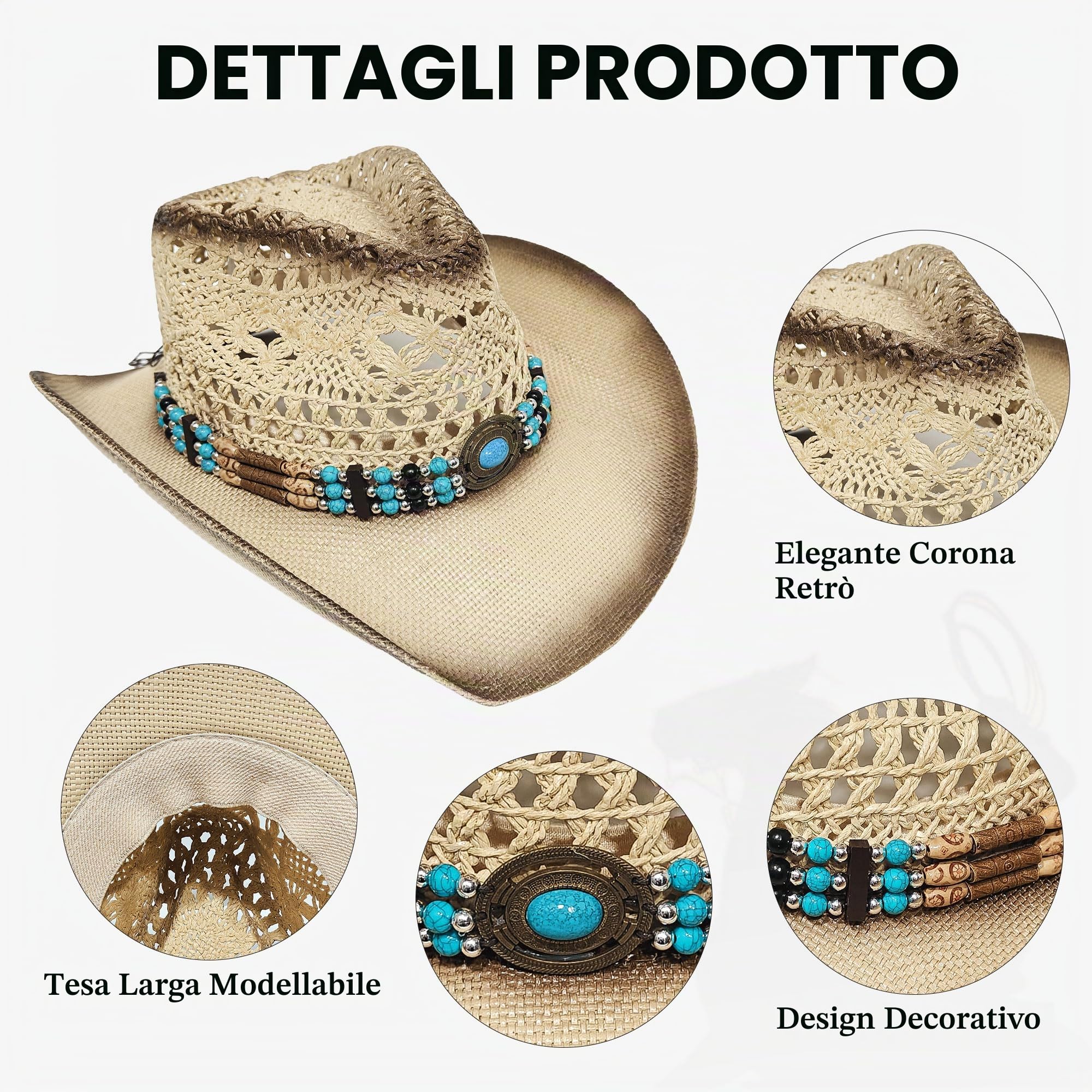 Wildarms Cappello da cowboy in paglia occidentale, traspirante, cappello estivo a trama aperta, per esterni, rodeo e festival