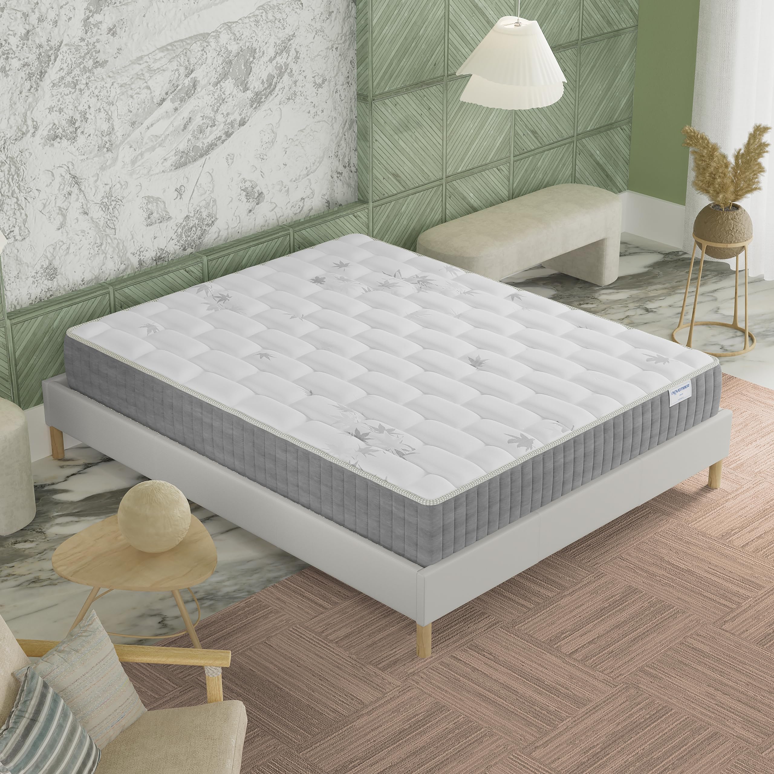 NOVEMBER- Ensemble Matelas + sommier (120 x 190cm)- Matelas Galice Ressorts ensachés & mémoire de Forme d’épaisseur 25cm + Sommier Bois Stable & Robuste revêtement Tissu Blanc