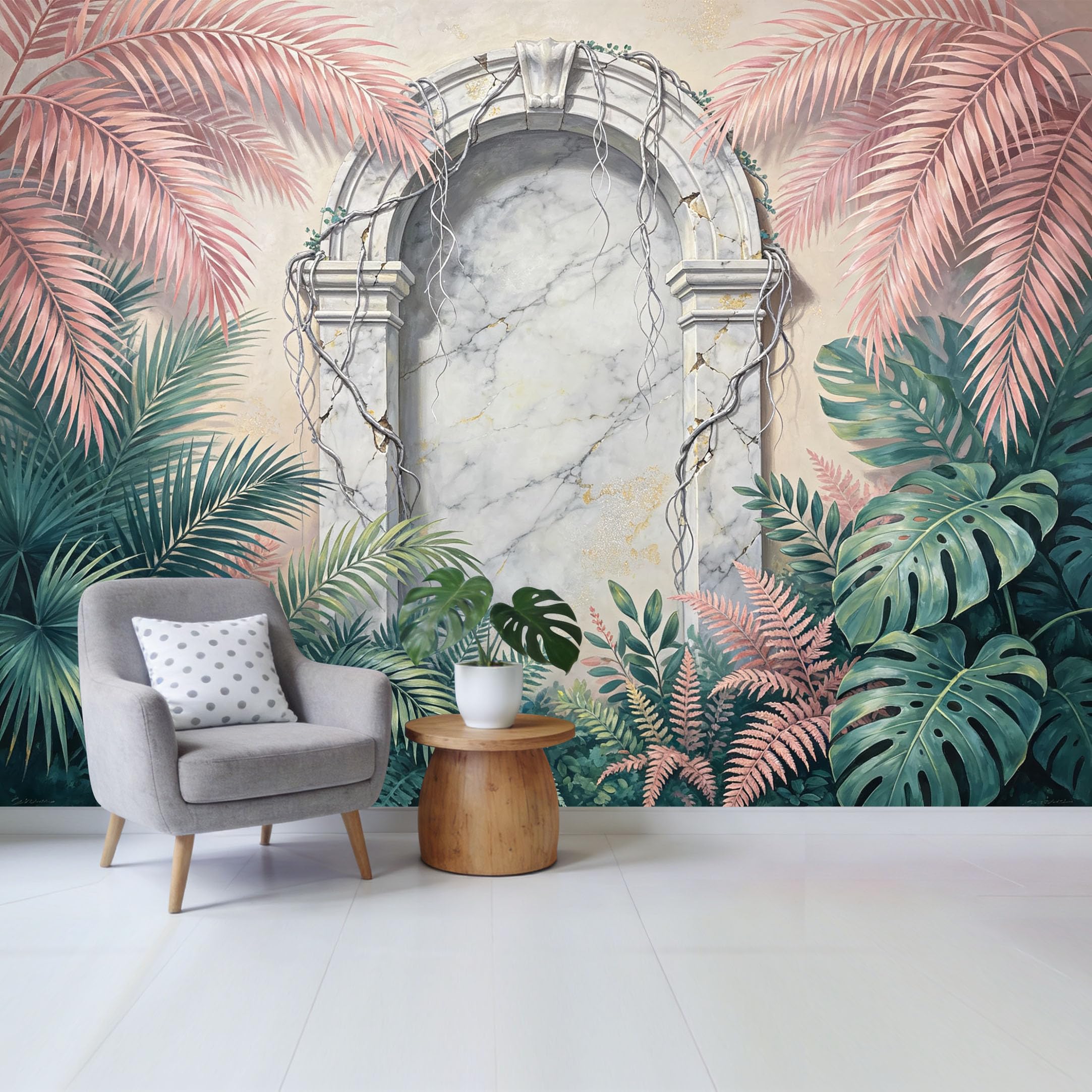 Custom Size Wall Mural Tropical Botanical Palm Leaf Marble Arch 3D Trompe L'Oeil Removable Self Adhesive Fabric Home Wall Decor for Living Room Bedroom Bathroom