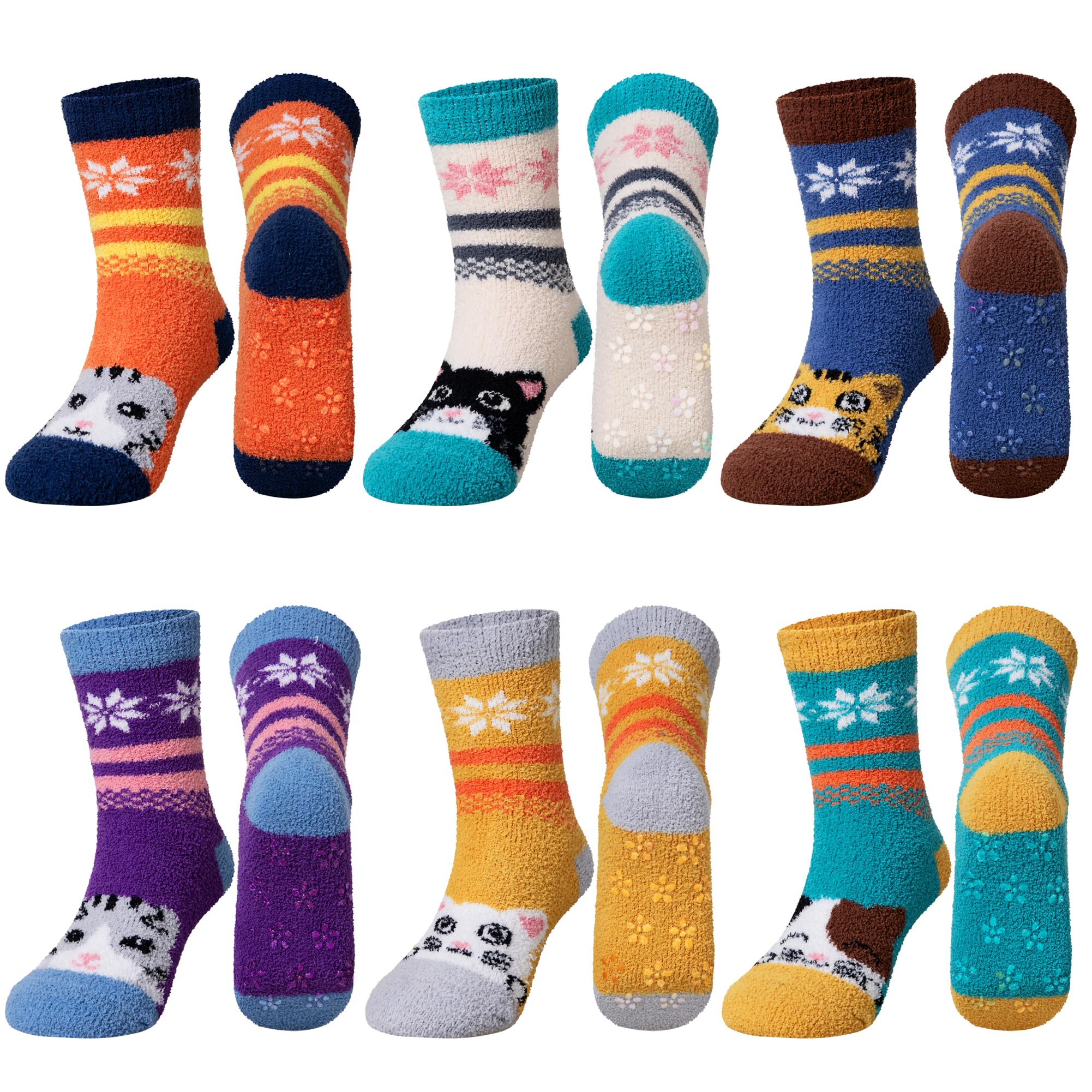 SeeyAN Kids Fuzzy Slipper Grip Socks Boys Girls Non Slip Winter Thick Fluffy Warm Soft Plush Thermal Crew Socks 6 Pairs