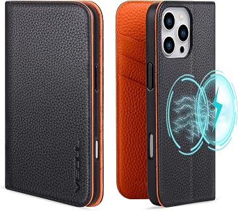 VISOUL Pebbled Real Leather Wallet Case for iPhone 16 Pro with Card Holders, Genuine Leather Flip Folio Cover with Kickstand Shockproof Designed for iPhone 16 Pro 6.3"-Black+Orange
