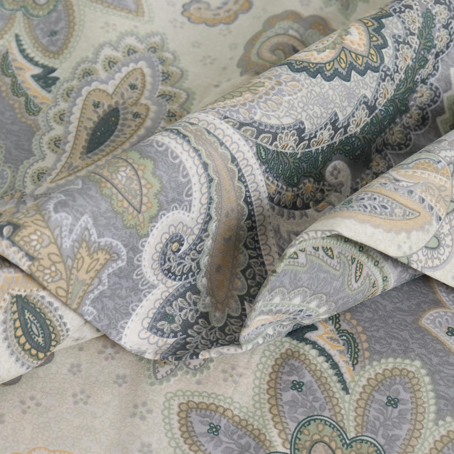 Grey Paisley Flat Bed Sheets Twin Size, 100% Cotton 400 Thread Count Bedding Set