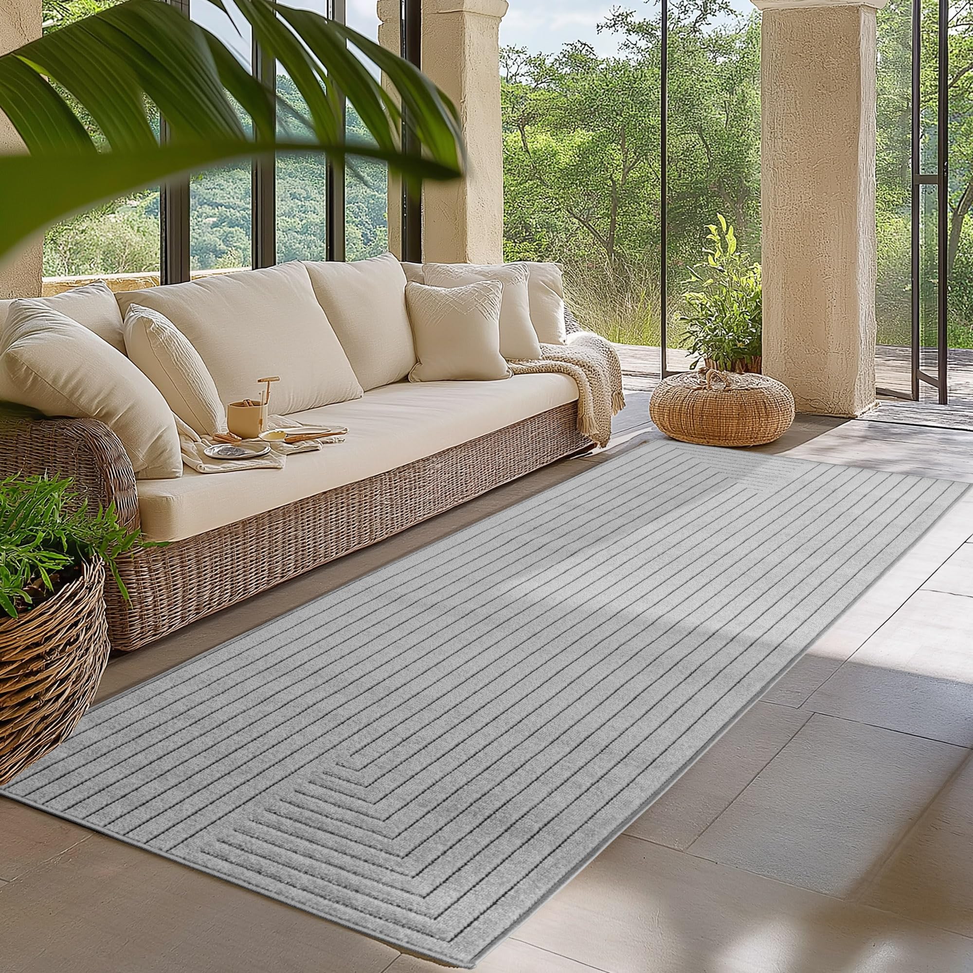 HomebyHome Kurzflor Teppich Wohnzimmer Schlafzimmer 3D Hoch-Tief-Effekt, Skandinavisch Boho Motiv, für Outdoor Bereich geeignet Terrassen oder im Balkon