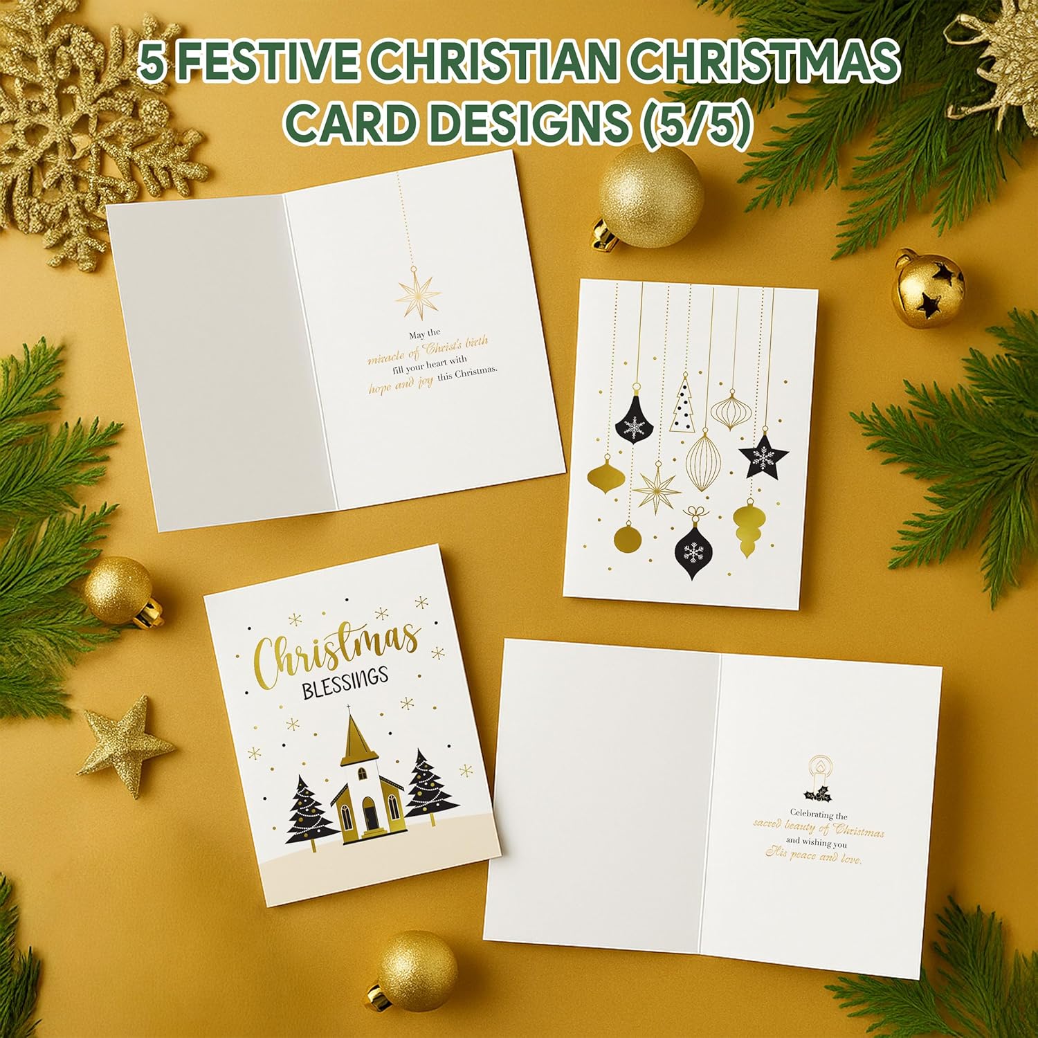 Decorably 20 Pack Gold Foil Embossed 5x7in Festive Religious Christmas Cards with Envelopes & Stickers - 5 Folded Holiday Designs Seasons Greetings Friends, Family & Loved Ones, Printed Message Inside - Image 5