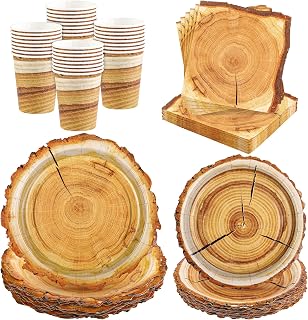 96 Pieces Camping Wood Grain Slice Tableware Set Rustic Wood Party Supplies Including Paper Plates Cups Napkins Serves 24 Guests for Hunting Baby Shower Lumberjack Birthday Party