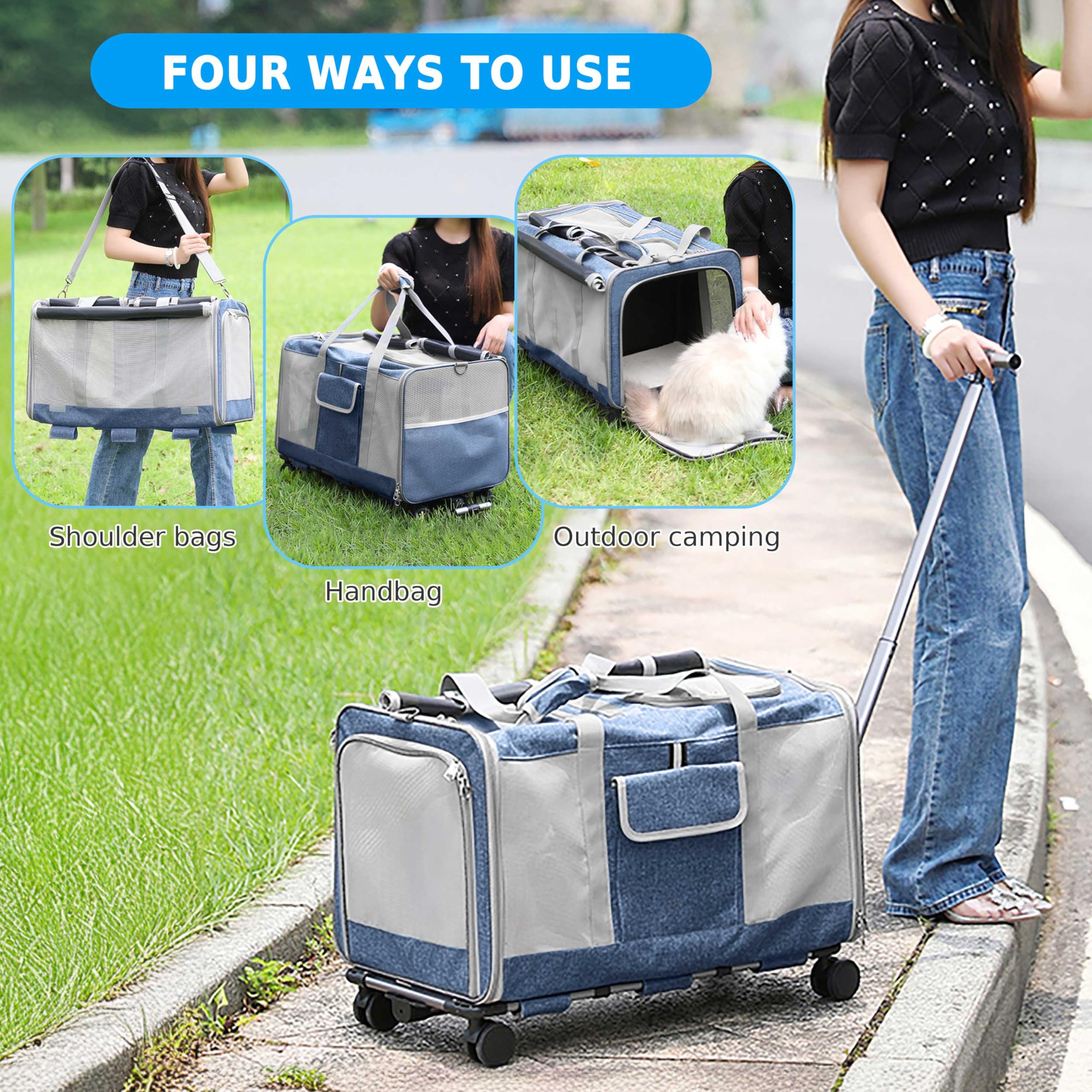 ALLSOPETS Grande Trasportino per Animali con Ruote Trasportino a Doppio Scomparto per 2 Gatti e Cani con Manico Telescopico Borsa da Viaggio Pieghevole e Portatile per Travel Camping Outdoors Blu