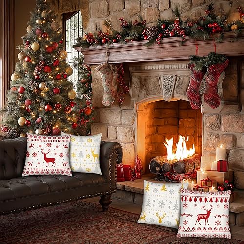 Miniatura 7 de PICKFORU Juego de 4 fundas cuadradas de almohada navideñas de 18 x 18 pulgadas, fundas cuadradas de invierno con ciervos navideños para sofá,