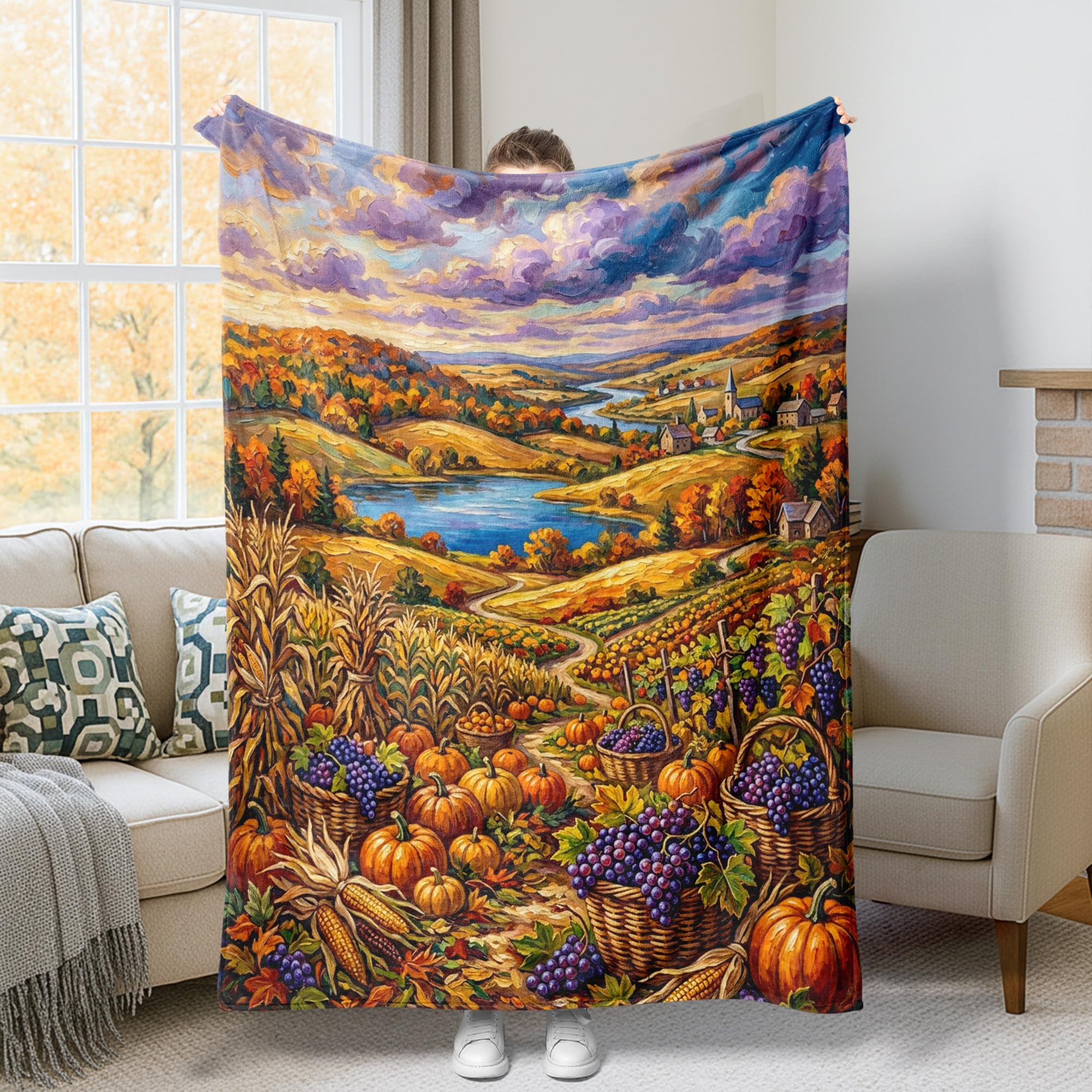 Couverture jeté de lit citrouilles orange d'automne rustique plaid polaire 152x203 cm