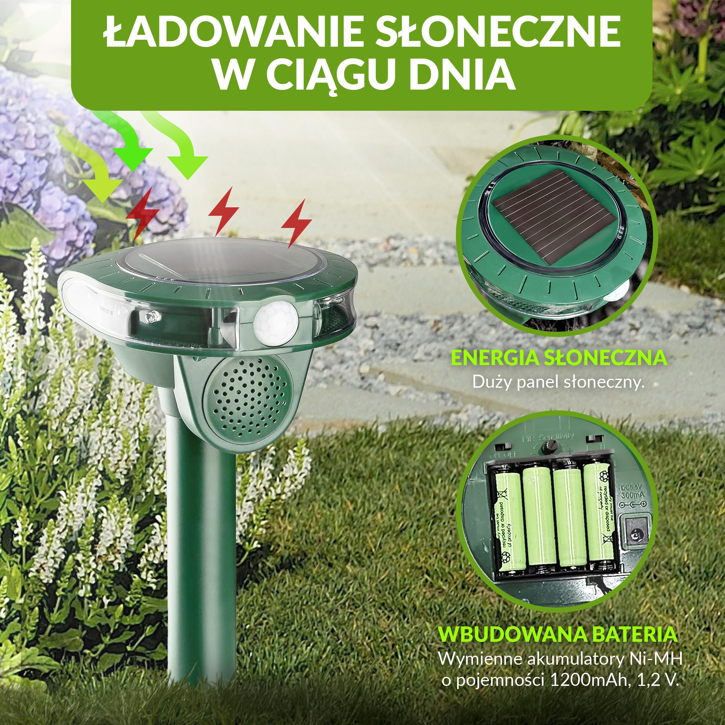 ISOTRONIC Solarny odstraszacz kotów, psów, lisów i szopów – Ultradźwiękowy – Z kolcem do wbijania w ziemię – Do ogrodu i na trawnik – Zasięg 40 m² (2 sztuki)