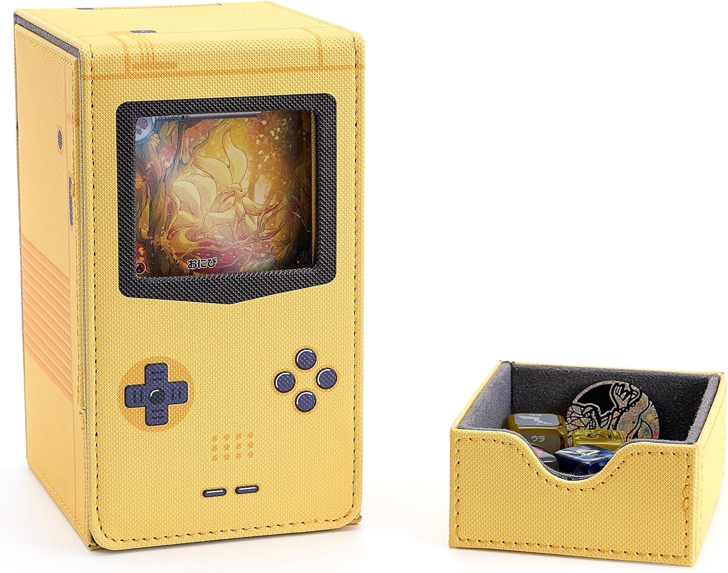 Venssu Retro Gaming Console MTG Deck Box with Dice Tray, Card Deck Case with Commander Display, PU Leather Card Storage Box Fit 120 Single Sleeved Cards, Compatible with TCG/PTCG (Yellow)