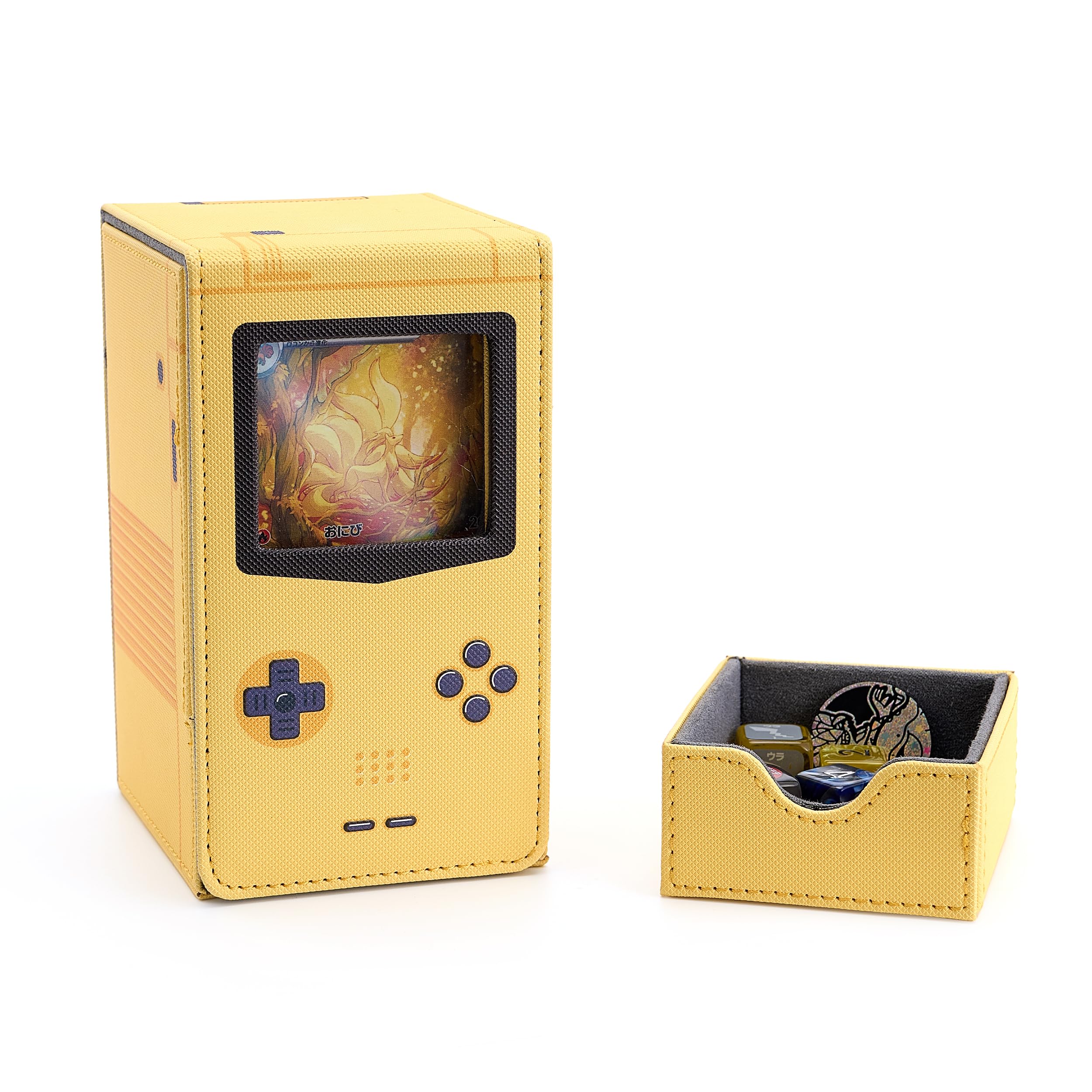 Venssu Retro Gaming Console MTG Deck Box with Dice Tray, Card Deck Case with Commander Display, PU Leather Card Storage Box Fit 120 Single Sleeved Cards, Compatible with TCG/PTCG (Yellow)