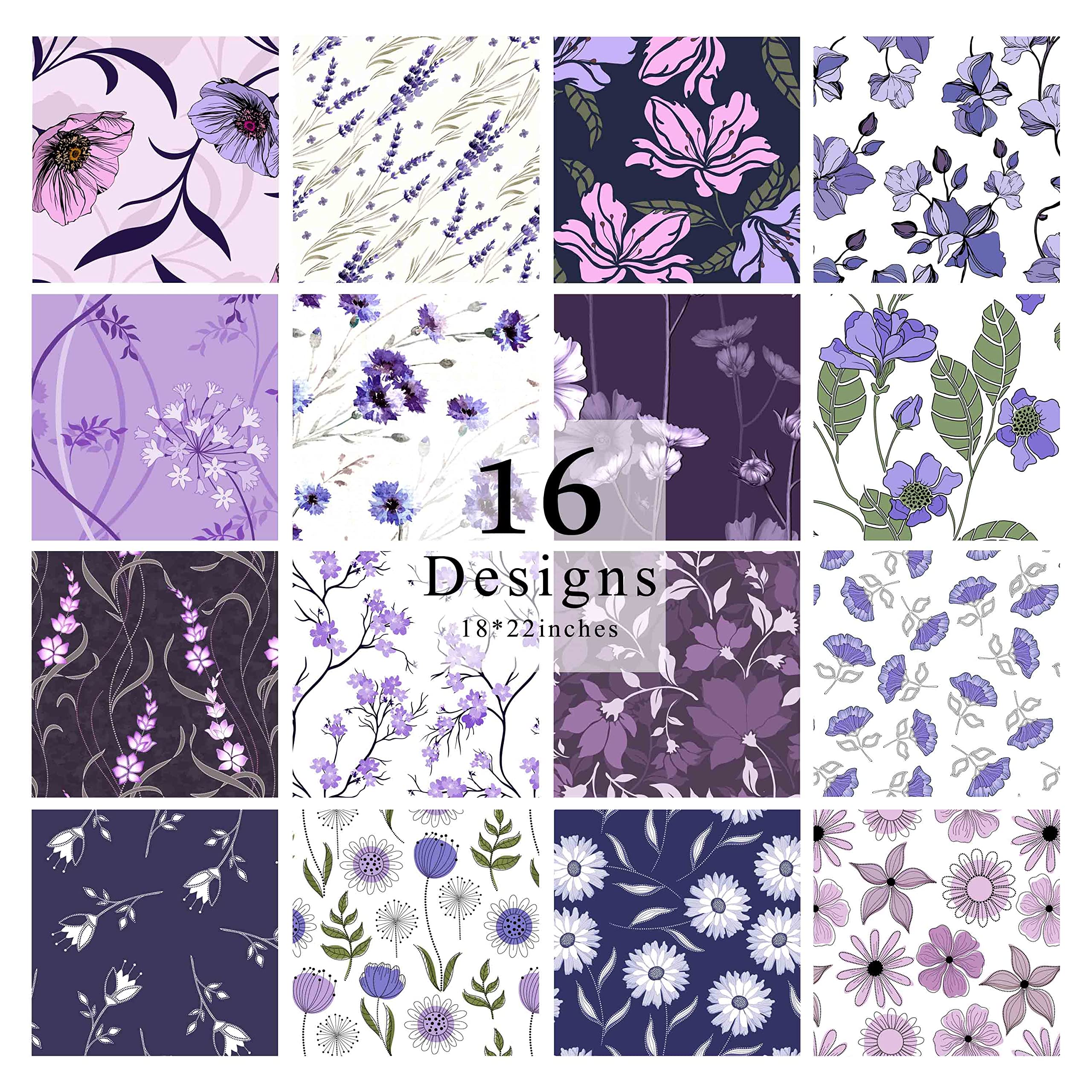 Soimoi 16 Pc Fat Quarter Bundle, Floreale Stampa 18 "X 22" Patchwork Fai-Da-Te- 100% Cotone Pre-Taglio Tessuto Di Trapuntatura Viola E Bianco.