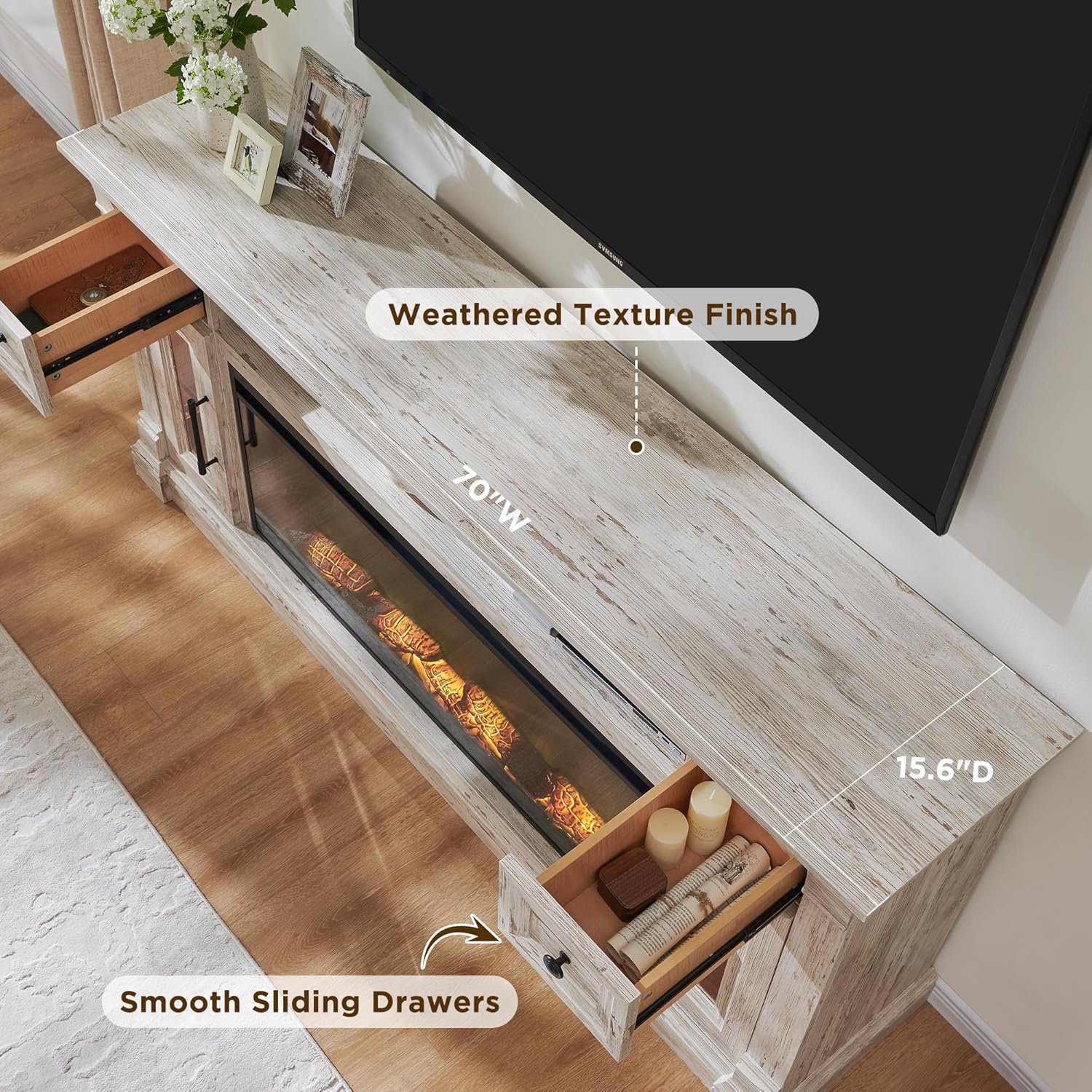Top-down view of the TV stand showing weathered texture finish, 70 inch width, 15.6 inch depth, and smooth sliding drawers.