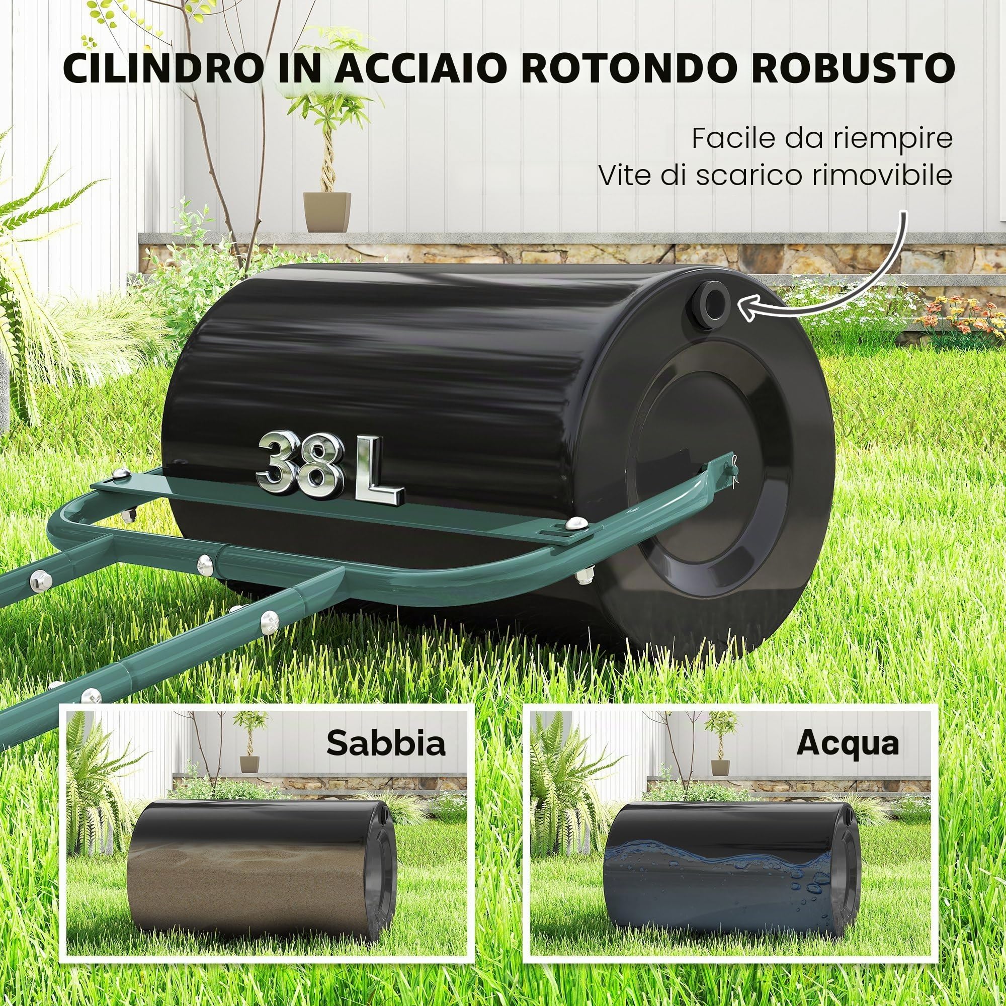 Outsunny Rullo per prato Rullo da giardino riempibile con acqua o sabbia, larghezza 50 cm manuale con impugnatura a U, capacità 38 litri, per prato in acciaio, agricolo per giardino