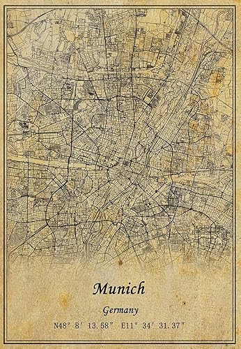 Kaisrlse Póster de arte de pared de mapa de Alemania Munich con impresión en lienzo, estilo vintage, sin marco, regalo de decoración de 20 x 30