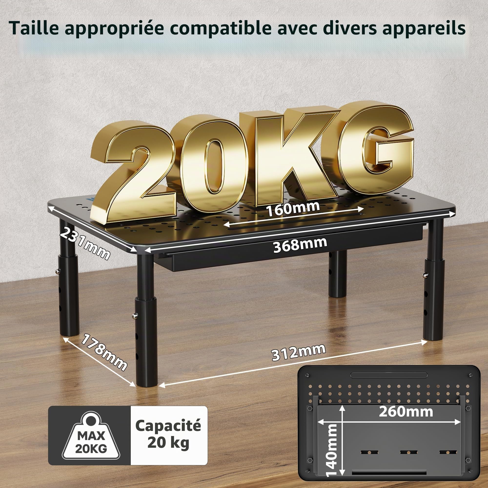 BONTEC Support Moniteur avec Tiroir, 3 Hauteurs Réglables pour Moniteur PC, Rehausseur Ecran pour Bureau avec Plate-Forme en Maille pour, Ordinateur Portable, PC, Imprimante jusqu'à 20 kg