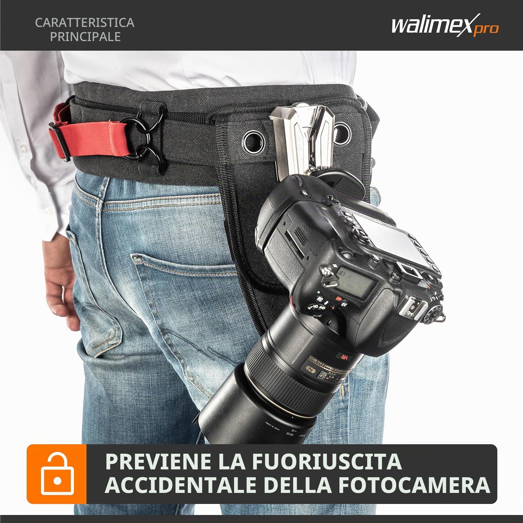 walimex pro Porta macchina fotografica da cintura, Gancio e Clip a V, Piastra a sgancio rapido compatibile con Arca-Swiss, max 5 kg, per cinghie larghe fino a 50 mm
