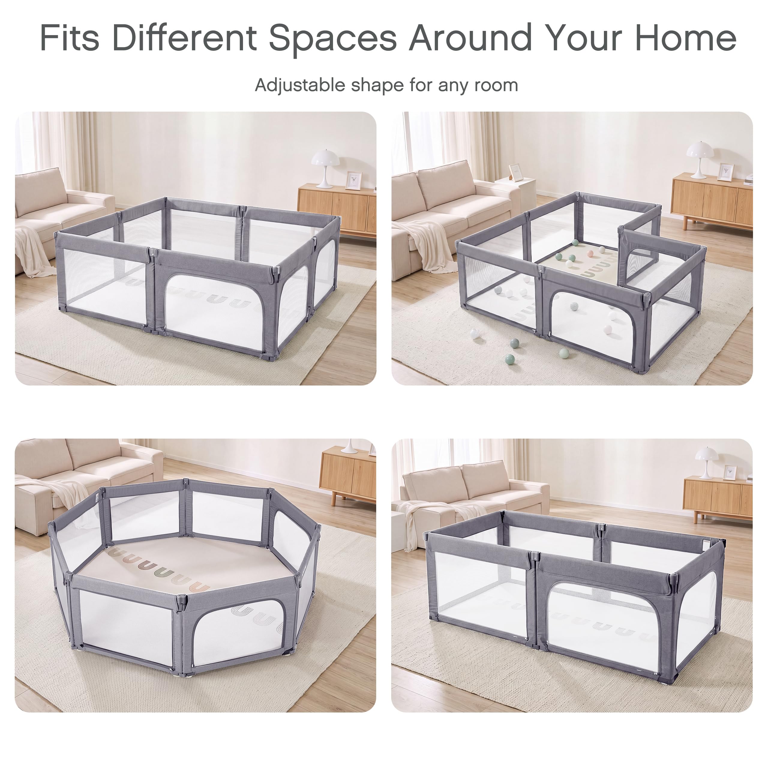 Box per bambini, cancelletto di sicurezza pieghevole, facile da montare, misura grande e regolabile, per interni, 180 x 200 cm, grigio chiaro