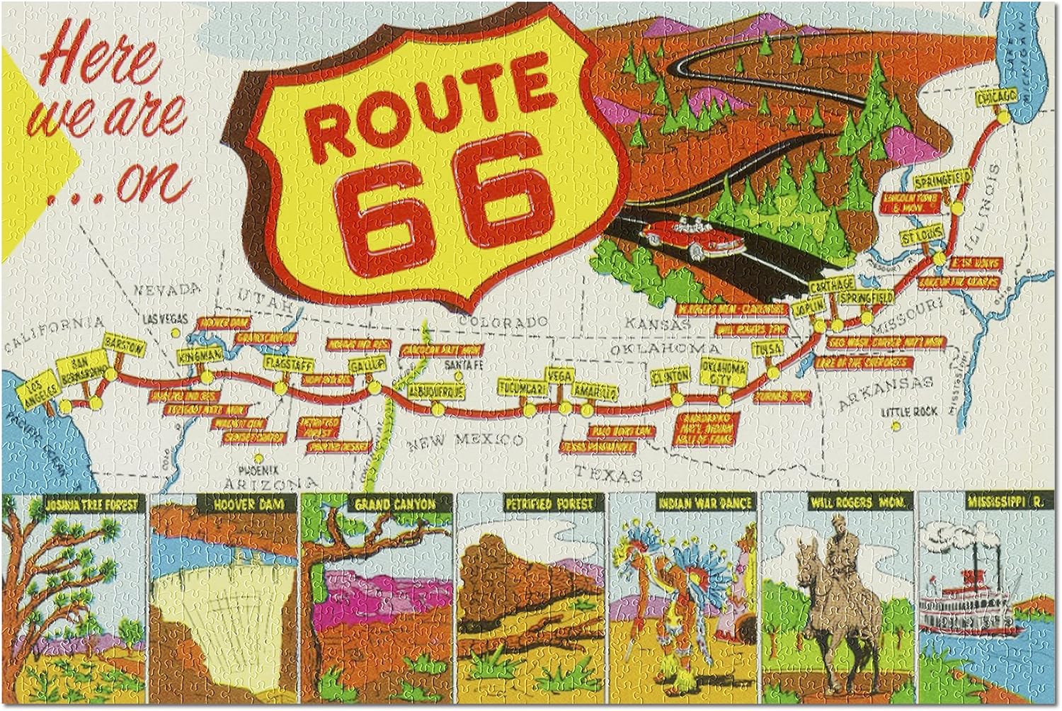 Map of Route 66 from Los Angeles to Chicago, Vintage Advertisement (1000 Piece Puzzle, Challenging Jigsaw Puzzle for Adults, Made in USA)