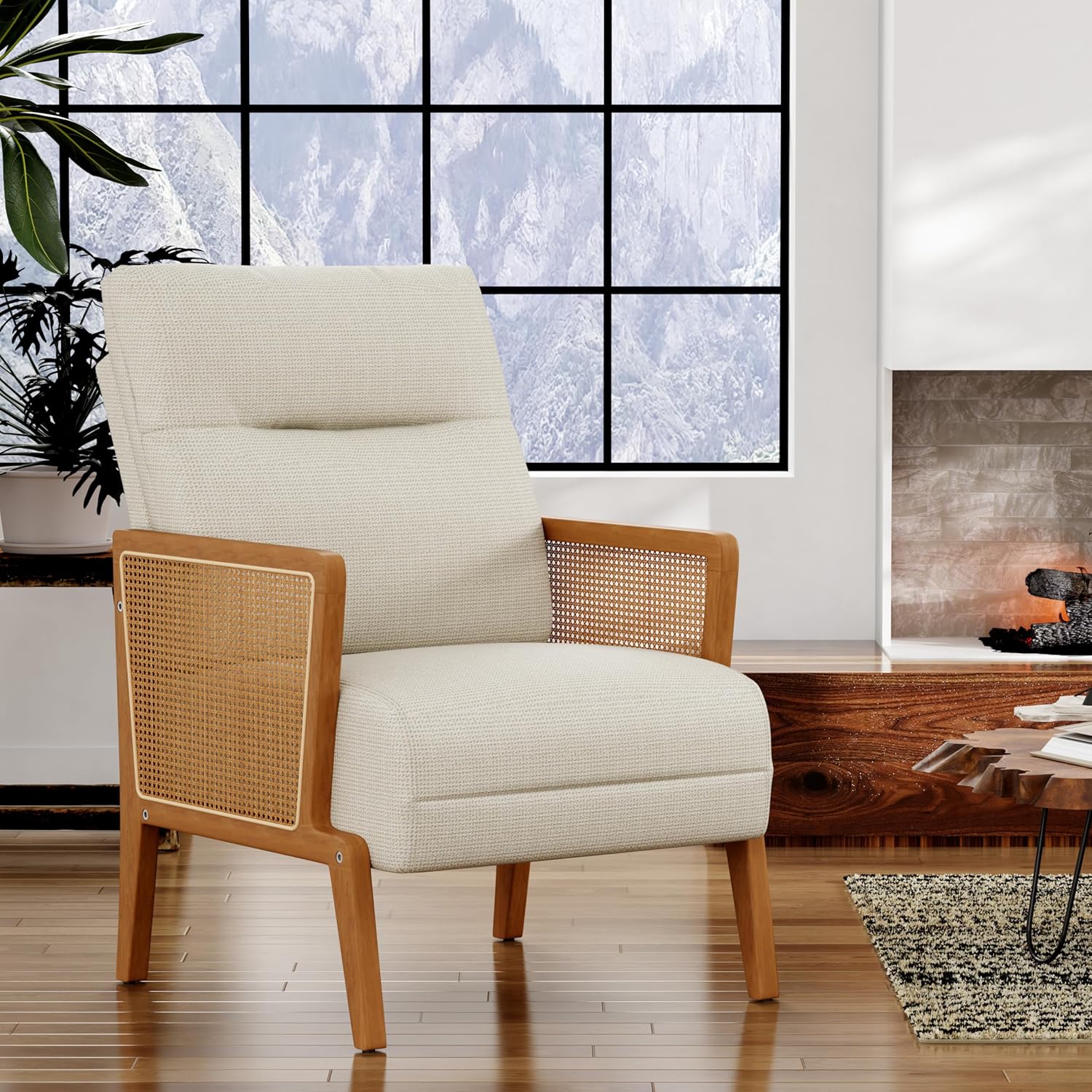 Yongchuang Accent Chair with Natural Rattan Armrest Upholstered Living Room Chairs Modern Linen Leisure Chair Armchair for Club Reading Bedroom Ivory