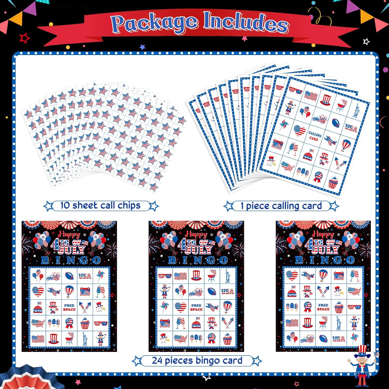 Liliful 35 Pcs 4th of July Bingo Game Cards 24 Players USA Patriotic Bingo Cards 250th Anniversary Themed Game for July 4th 250th Independence Day Card Games School Classroom Party Favors Supplies