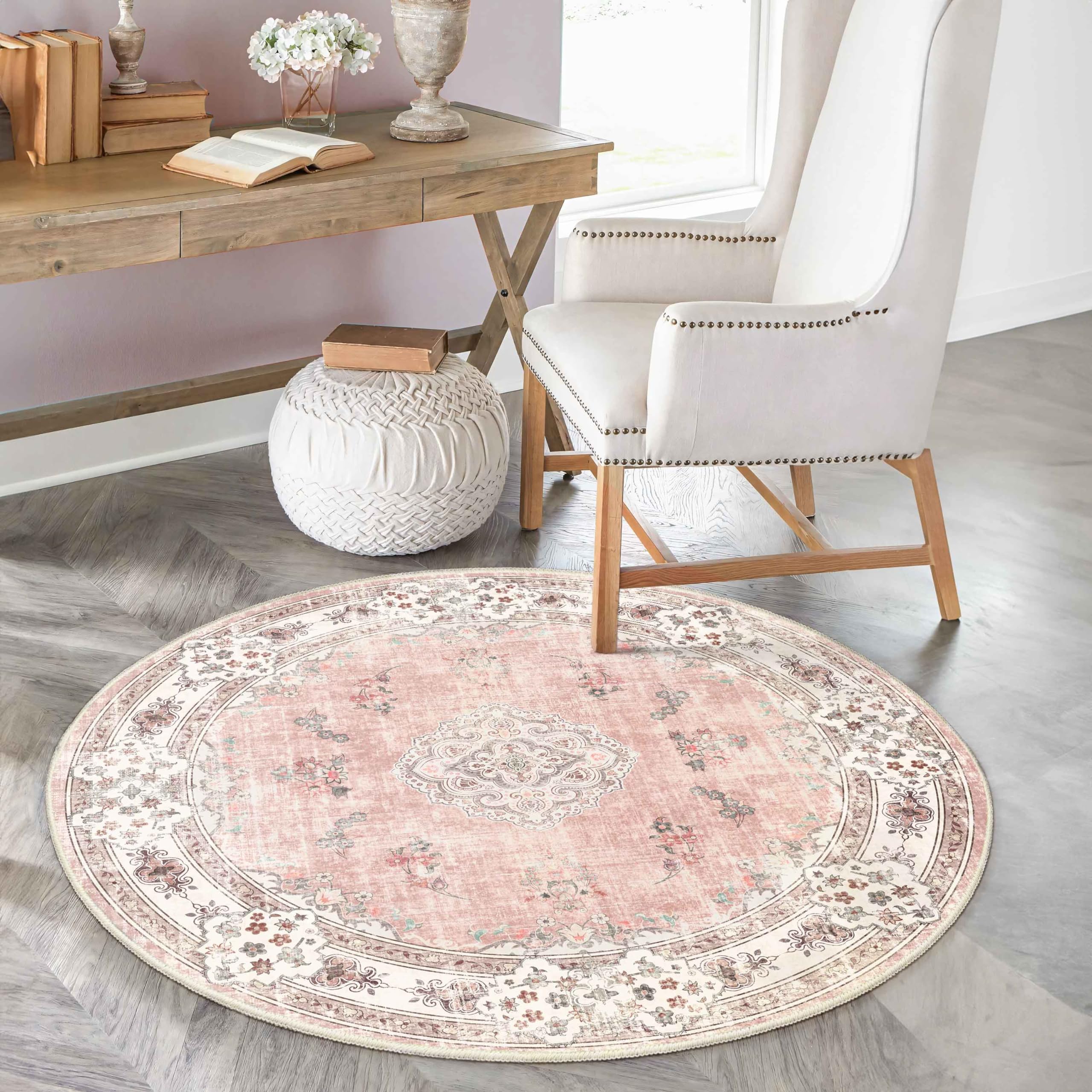 MUJOO Grand Tapis Rond Lavable 1,8 M – Bohème Floral Bleu, Antidérapant, Pour Salon/chambre