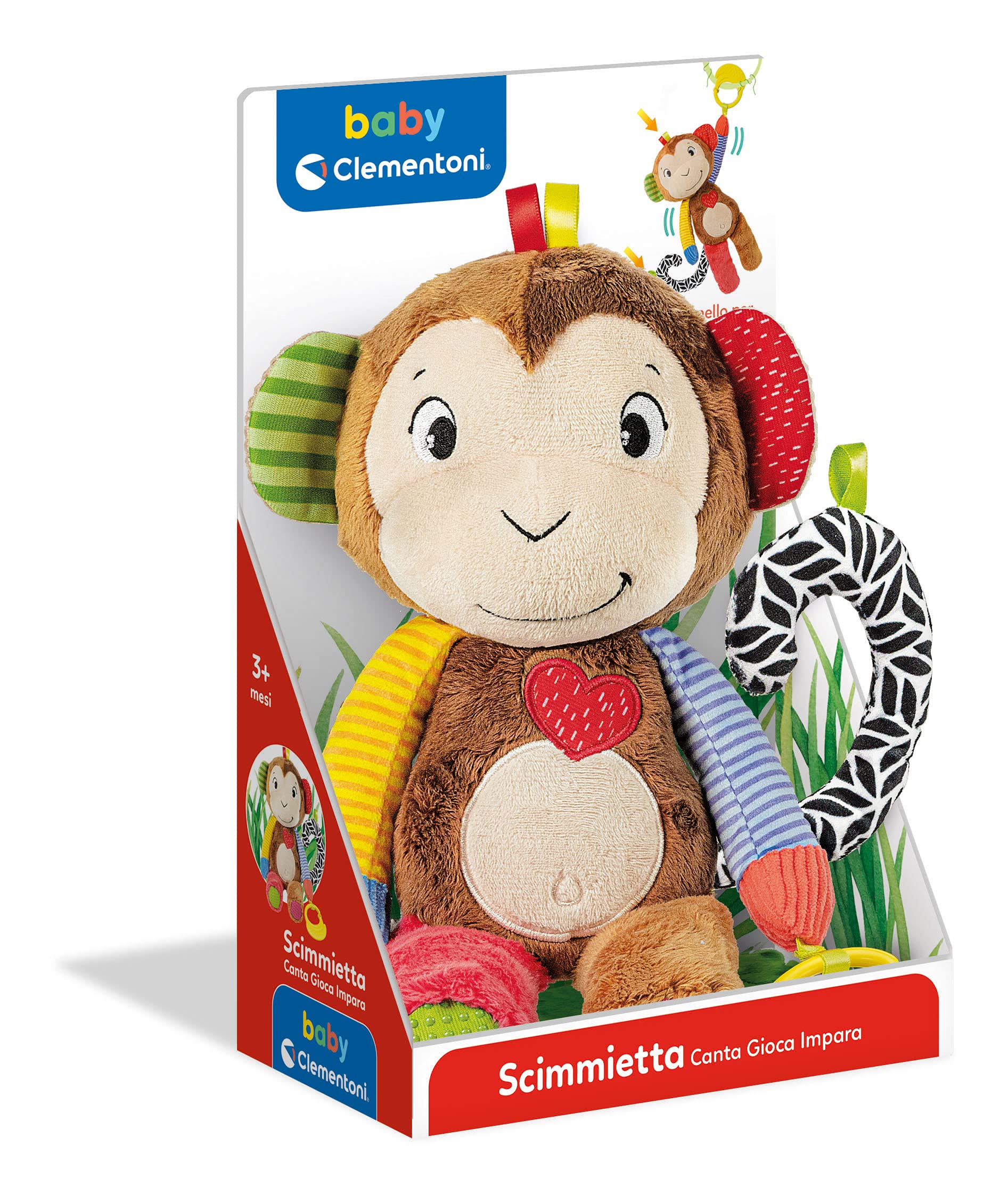 Clementoni Baby Scimmietta Canta Gioca e Impara, Peluche Interattivo Parlante in Italiano per Bambini di 3+ Mesi, Stimola Lo Sviluppo Sensoriale e Cognitivo, 100% Lavabile, Lingua Italiana, 17673