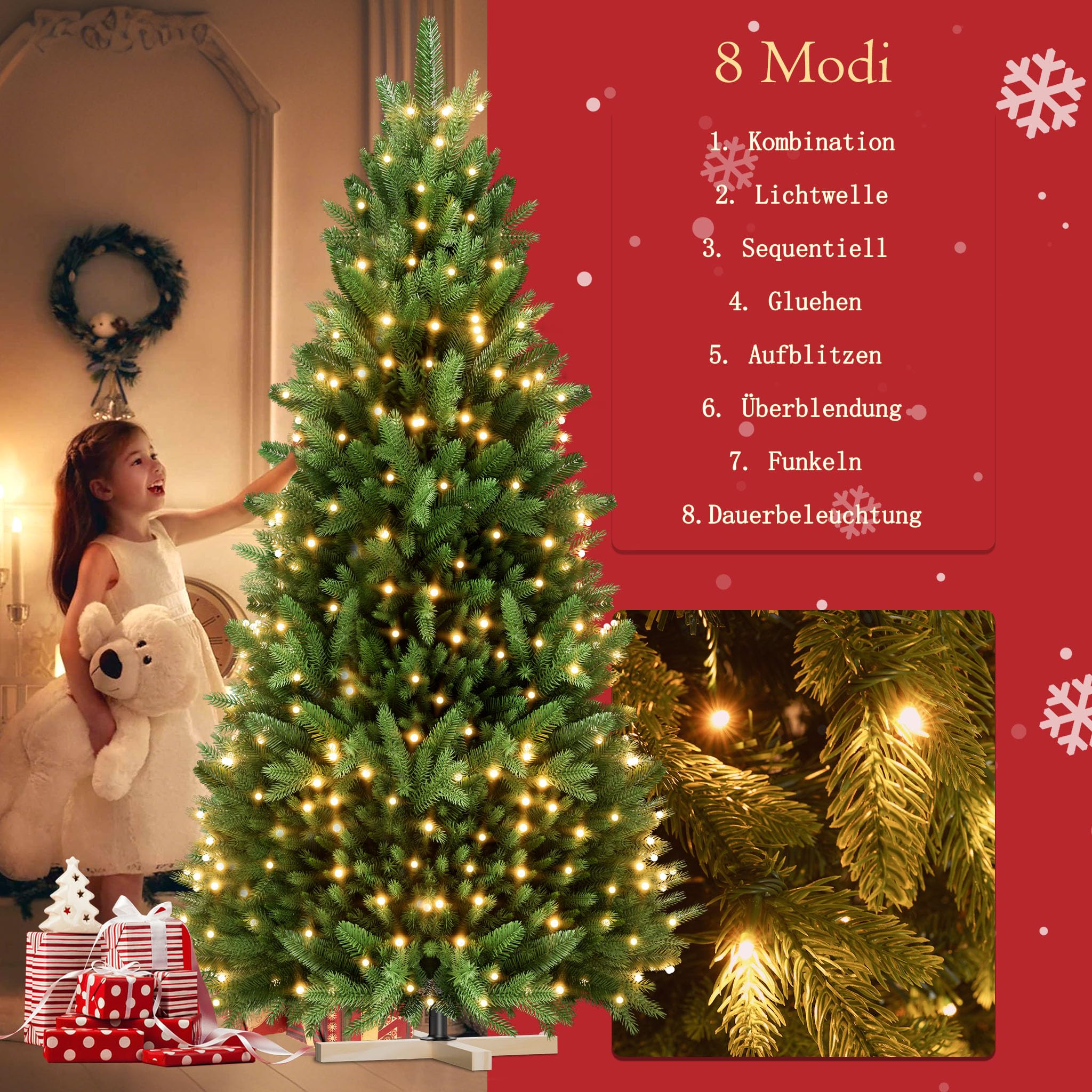 FIVMEN Weihnachtsbaum Künstlich mit Beleuchtung 150 cm PVC/PE Tannenbaum Christbaum Naturgetreu mit Holzsockel Weihnachtsbäume Christmas Tree Weihnachtsdeko