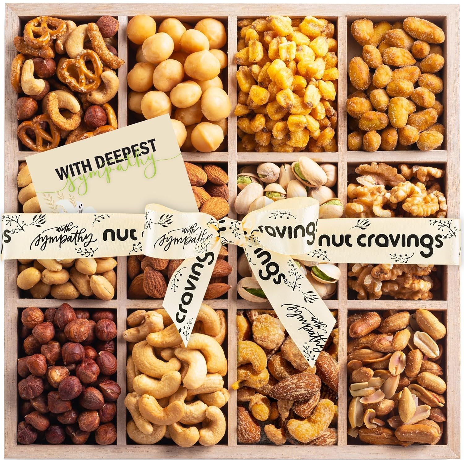 NUT CRAVINGS Gourmet Collection - Sympathy Condolence, Nuts Gift Basket with Sympathy Ribbon + Greeting Card in Reusable Wooden Tray (12 Assortments) Food Platter Healthy Snack Care Package