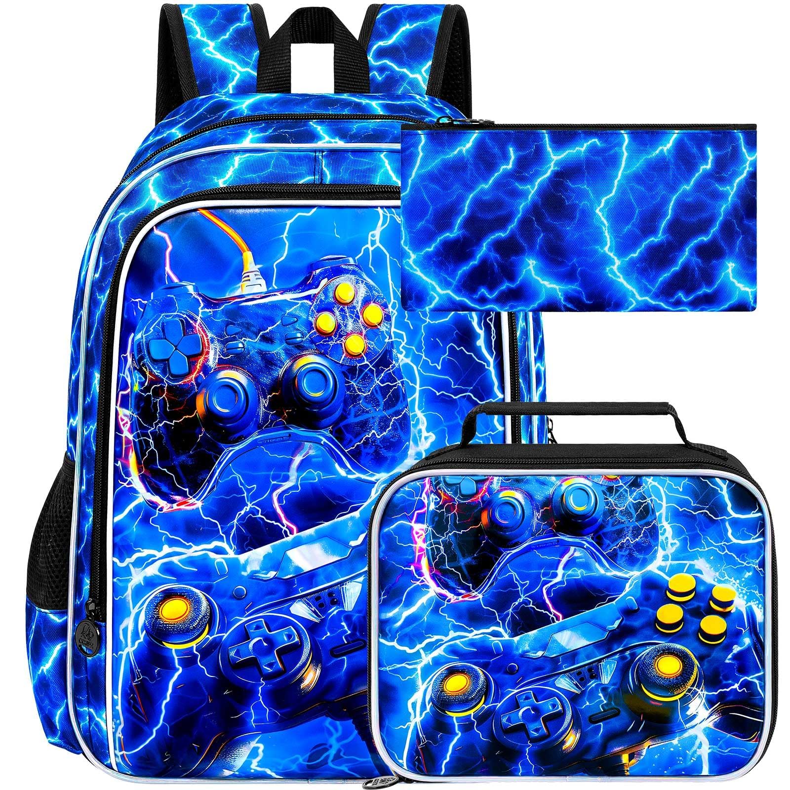 3Pcs Gamer Backpack for Boy, 17" Lightning School Bookbag for Elementary Preschool Kindergarten, Kids School Thunder Backpacks with Lunch Box (Blue)