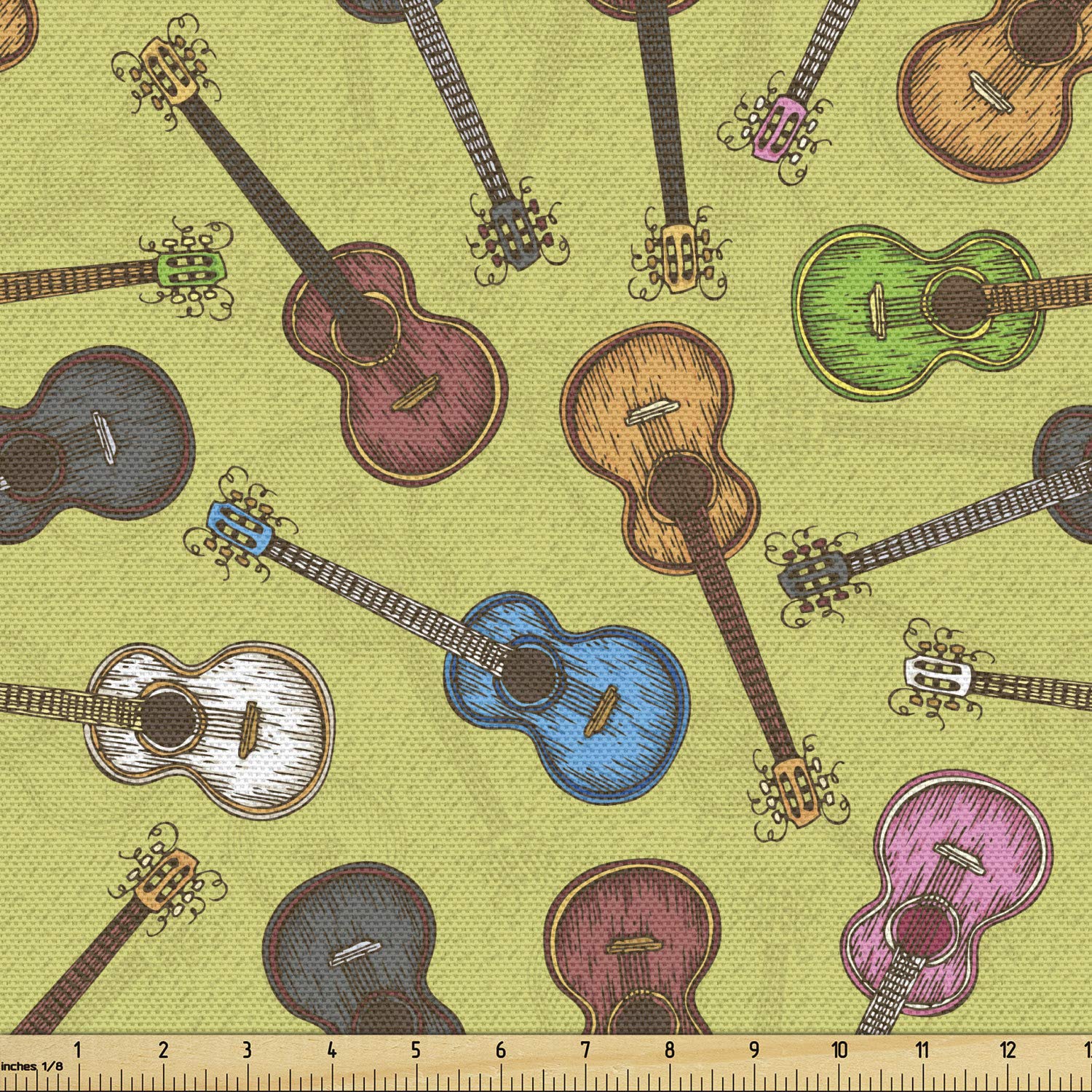 Ambesonne Guitar Fabric by The Yard, Wooden Acoustic Guitar in Colorful Design and Sketch Art Style Swirled Strings, Decorative Fabric for Upholstery and Home Accents, 3 Yards, Pale Green