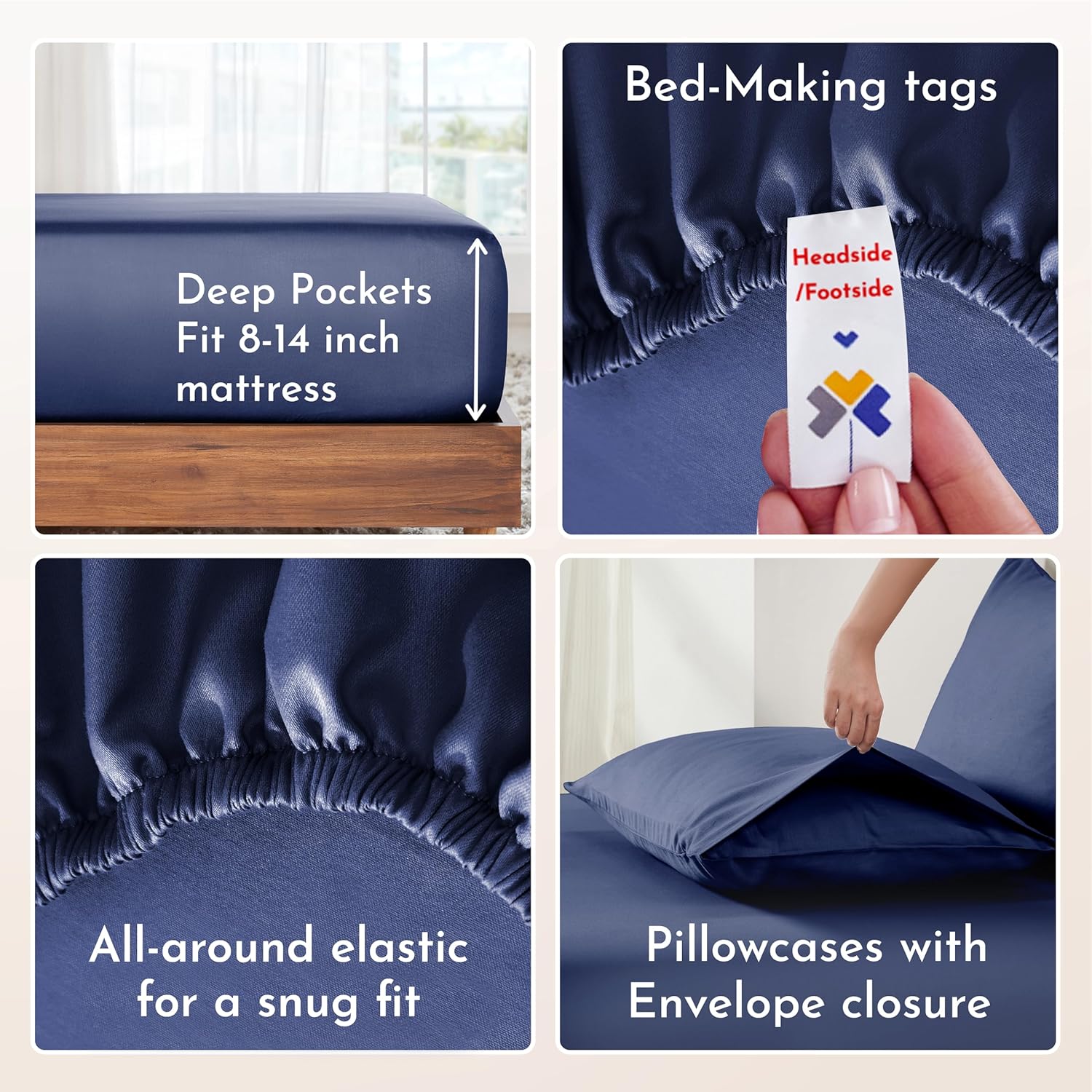 Queen Sheet Set - Natural 100% Cotton Sheets Queen Size Bed Set with Deep Pockets, Soft Sateen Weave, Breathable, Cooling and Durable Bedding by California Design Den (Navy Blue)