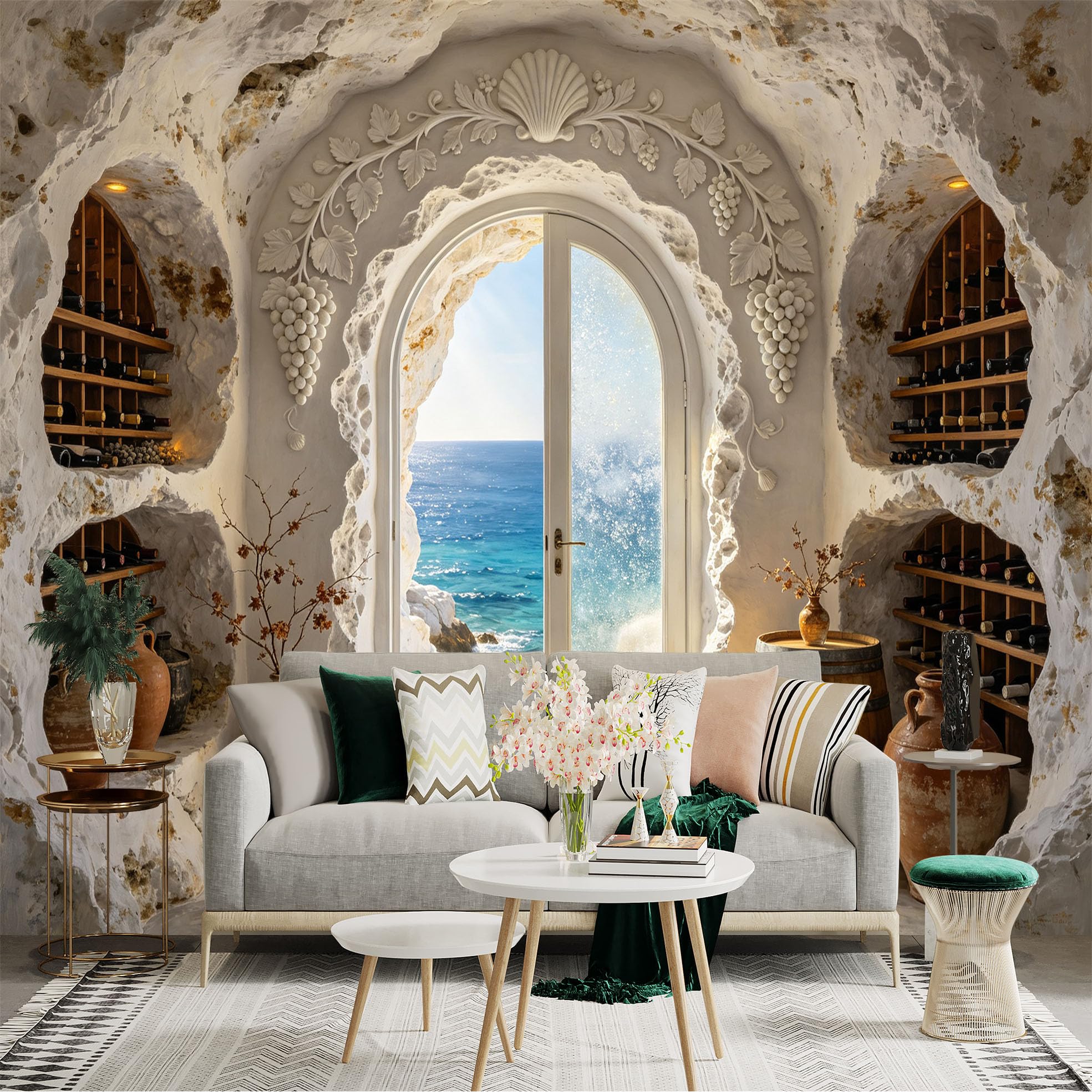 Lnzczhyre Bh260719798 Custom Size Wall Sticker Mural， Mediterranean Wine Cellar， Coastal Ocean View， Stone Cave Archway， Rustic Decor， For Wall Decoration， Peelandstick Wall Decals.