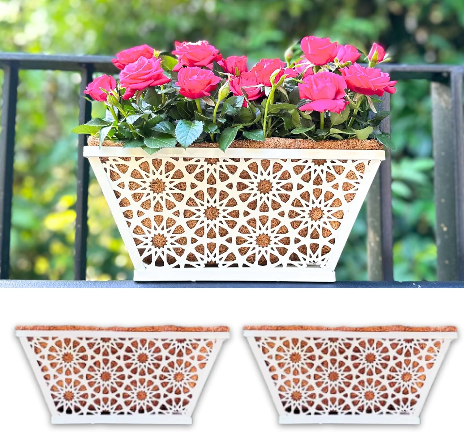 LaLaGreen Window Boxes Planters for Outdoor Plants (2 Pack, 16 Inch) White Metal Rectangular Wall Hanging Planters Deck Railing Flower Box with Coco Liners, Trendy Horse Troughs Balcony Patio Porch