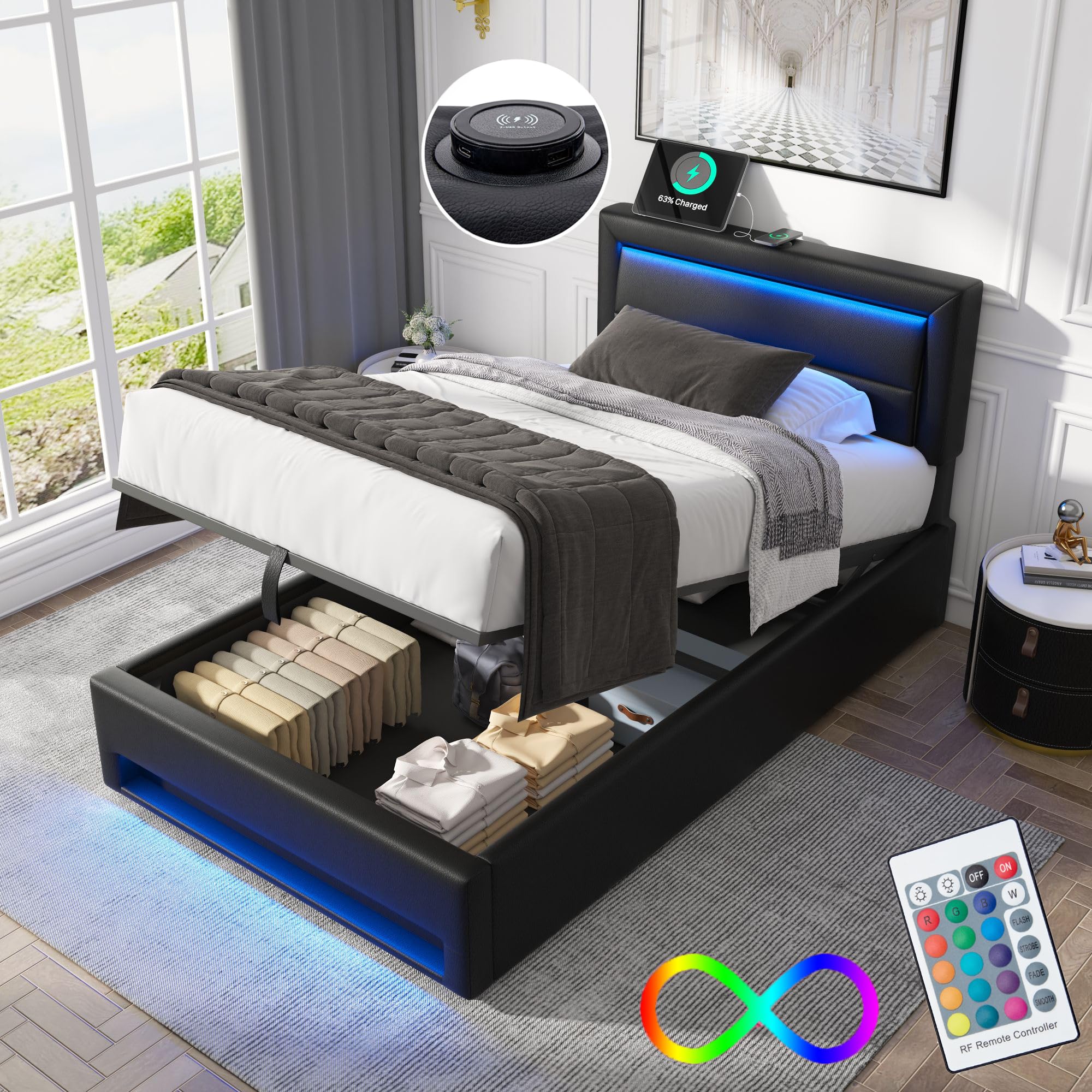 Bgsryao Lit 90x200 avec Sommier et USB de Type C, Lit Coffre 90x200 avec Rangement et Tete de Lit, Lit Simple avec à Lattes Lit 1 Place, Lit Capitonné Cadre de lit 90x200(sans Matelas