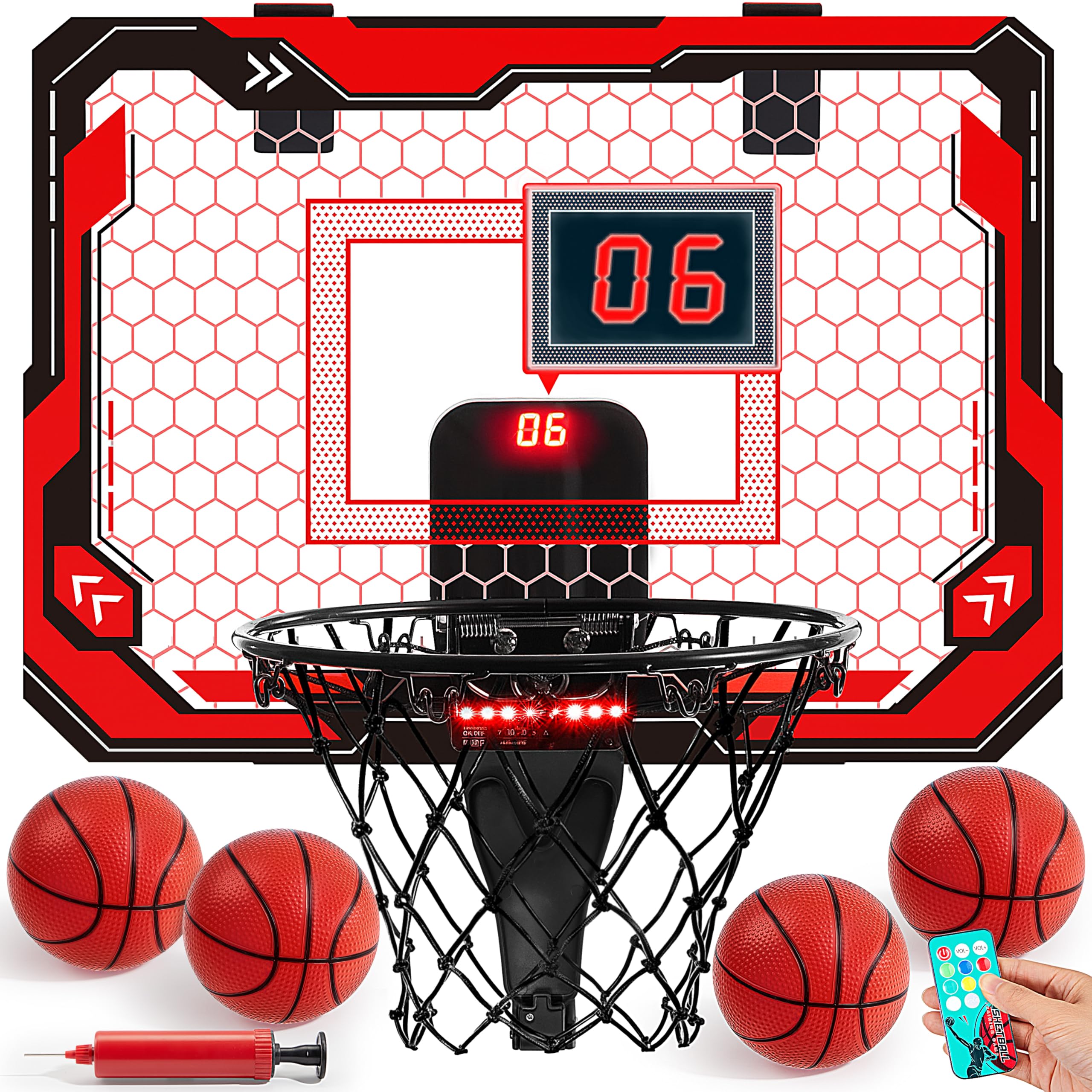 SYNCFUN Mini Basketball Hoop Over The Door, LED Indoor Basketball Hoop for Kids with Scoreboard & 4 Balls, Basket Ball Game Toys Gifts for Boys Ages 3 and UP(Red)