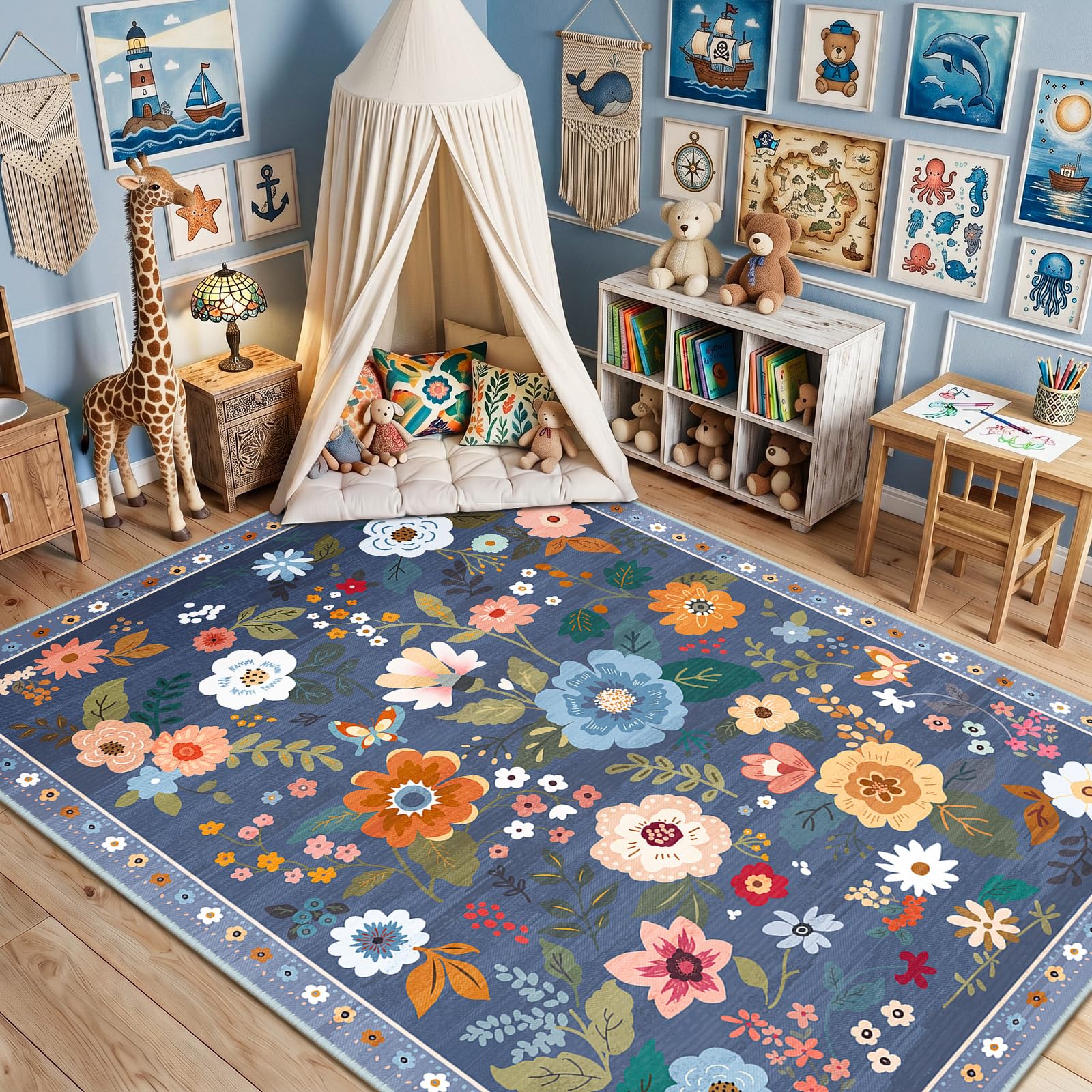 DEFYNEE Machine Washable Rugs Living Room, 150×210cm Floral Rug, Non-Slip Low Pile Boho Vintage Floral Carpet with Printed Design for Kids Room, Bedroom, Kitchen, Entryway, Lounge, Blue/Grey