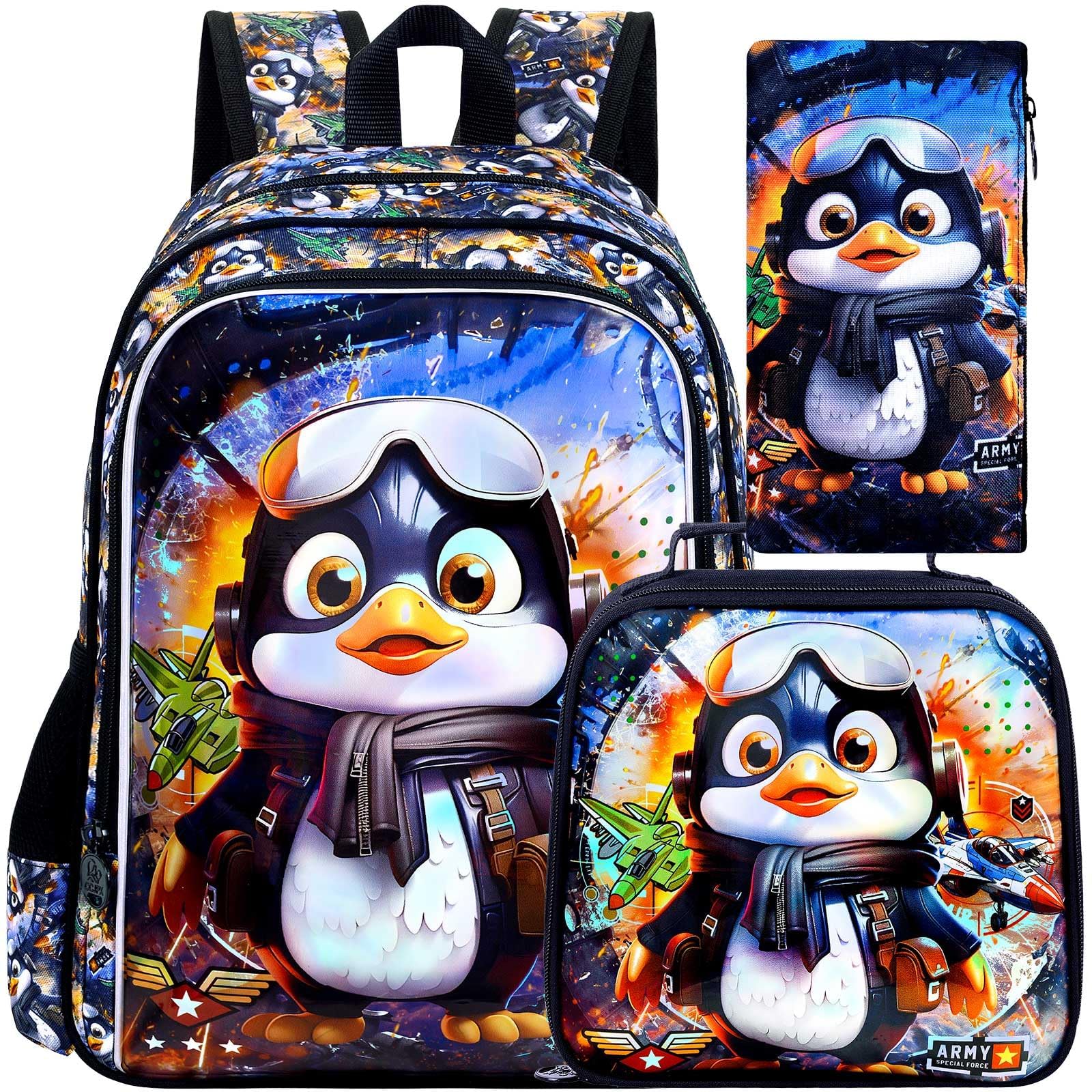 16" Penguin Backpack for Boy, 3Pcs Kids Bookbag for Elementary Preschool Kindergarten, School Backpacks with Lunch Box(Black)
