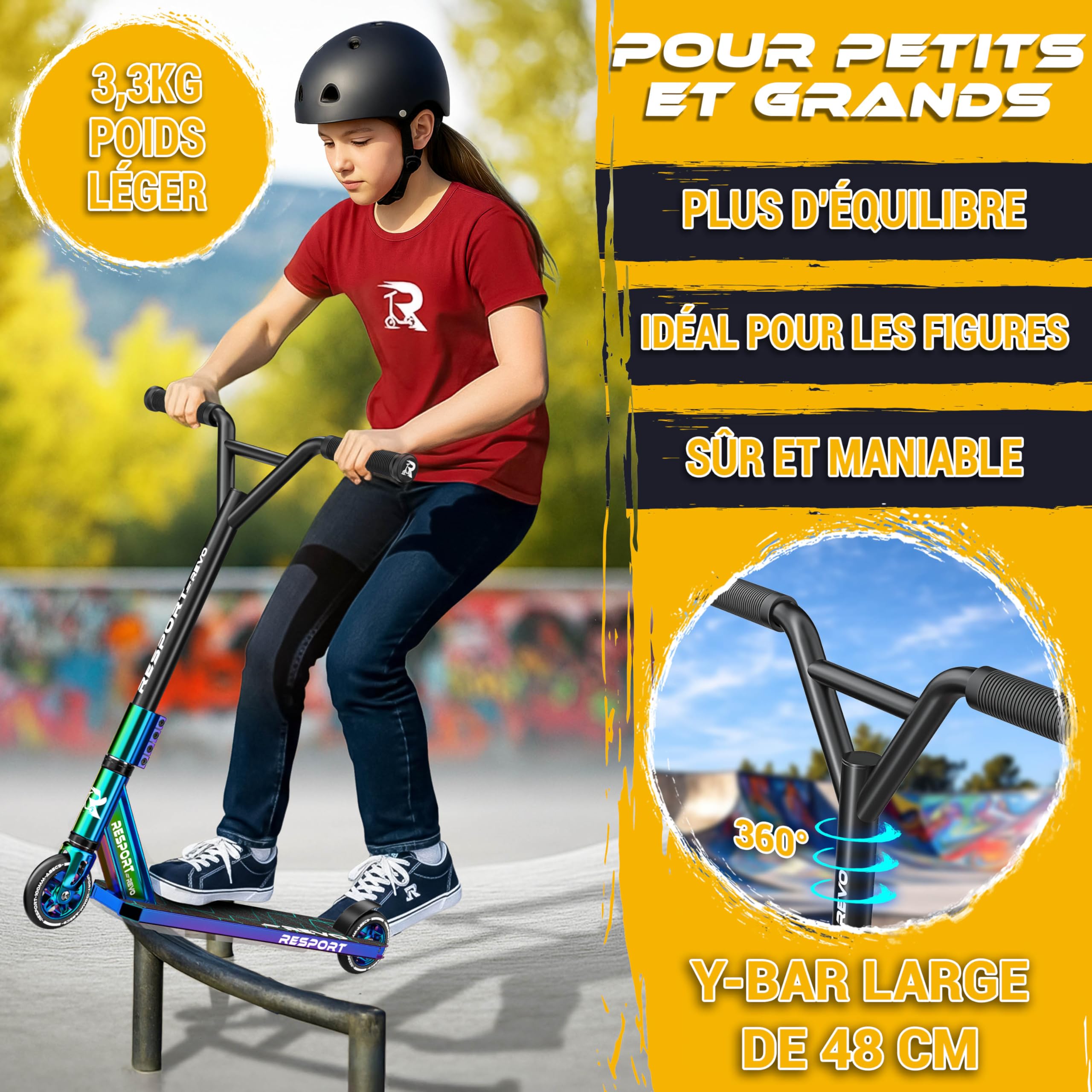 RE:SPORT Trottinette Stunt Revo pour enfants et adultes, avec support, 100 mm, roues en polyuréthane et barre en Y, roulement à billes ABEC 9, trottinette cascade, trottinette freestyle