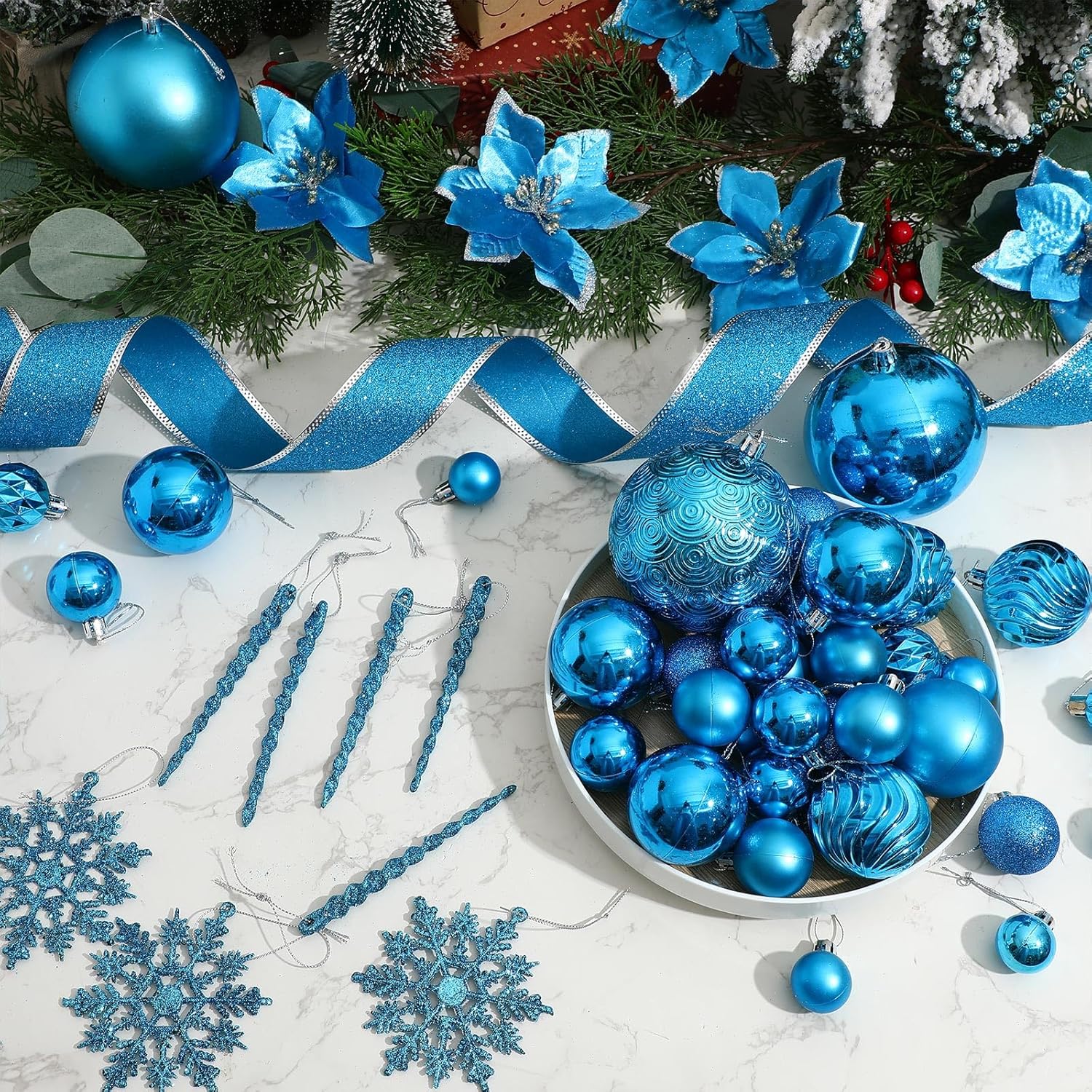 104 Pcs Christmas Tree Decorations Set, Shatterproof Christmas Ball Ornaments Poinsettia Decorations Ribbon Tree Topper for Xmas Holiday Wedding Party(Light Blue)